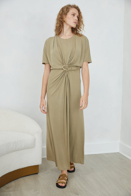 Leandra Khaki Short Sleeve Knot Detail Midi DRESS