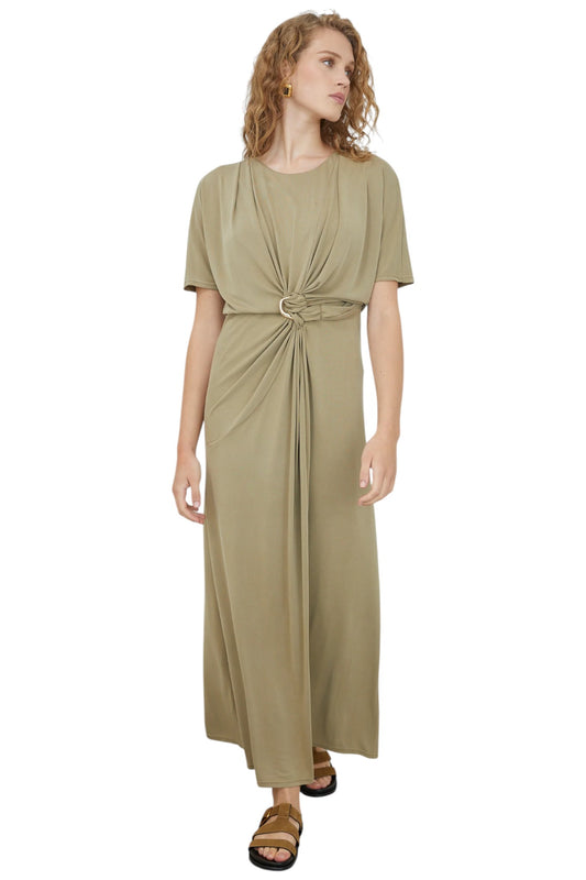 Leandra Khaki Short Sleeve Knot Detail Midi DRESS