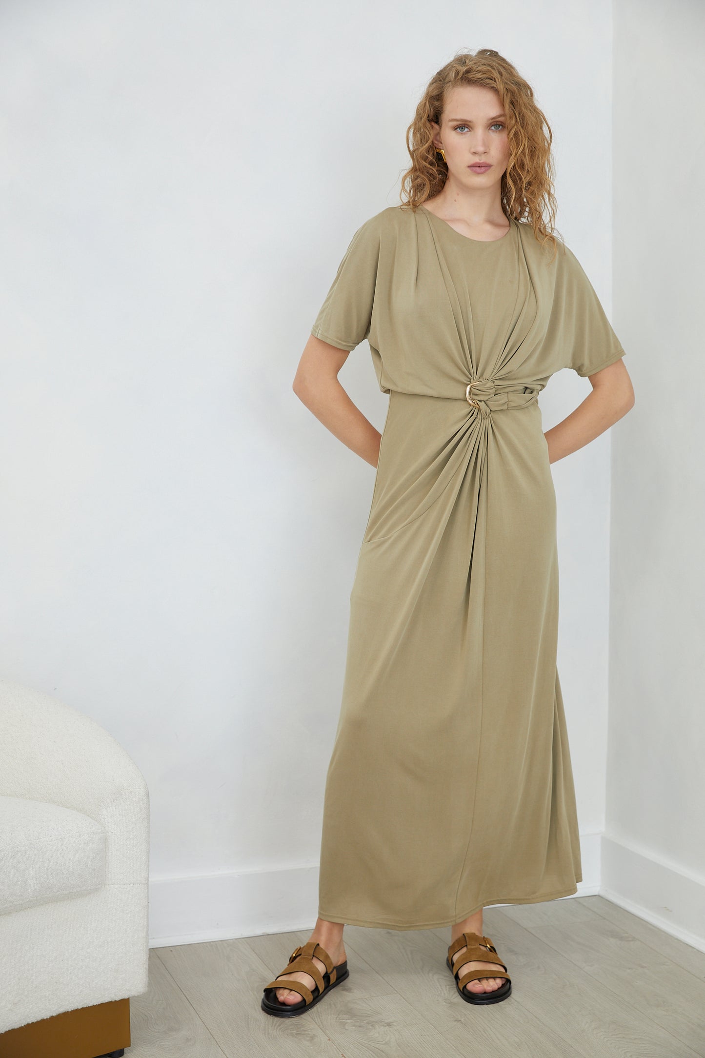 Leandra Khaki Short Sleeve Knot Detail Midi DRESS