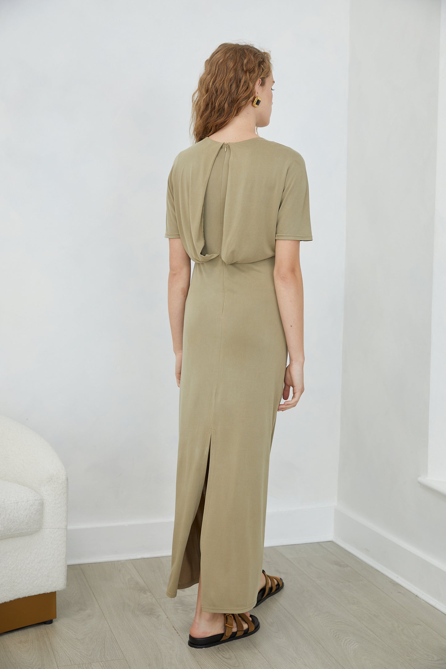 Leandra Khaki Short Sleeve Knot Detail Midi DRESS