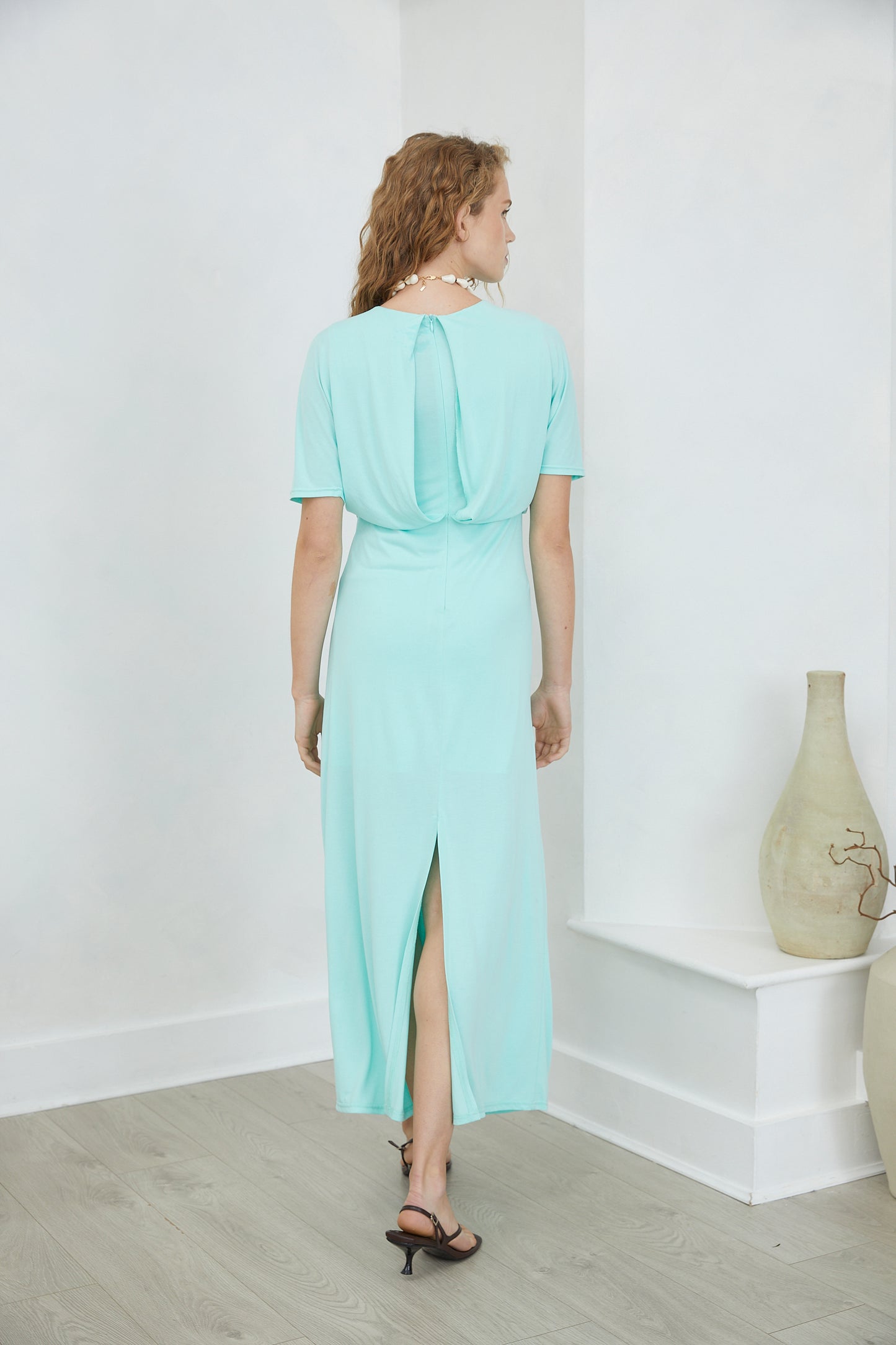 Leandra Turquoise Short Sleeve Knot Detail Midi DRESS