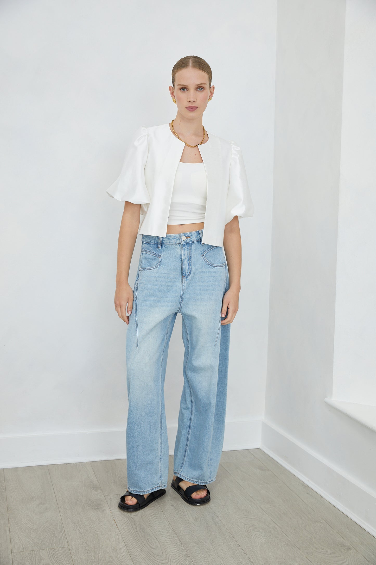 Lunara White Puff Sleeve Cropped Jacket
