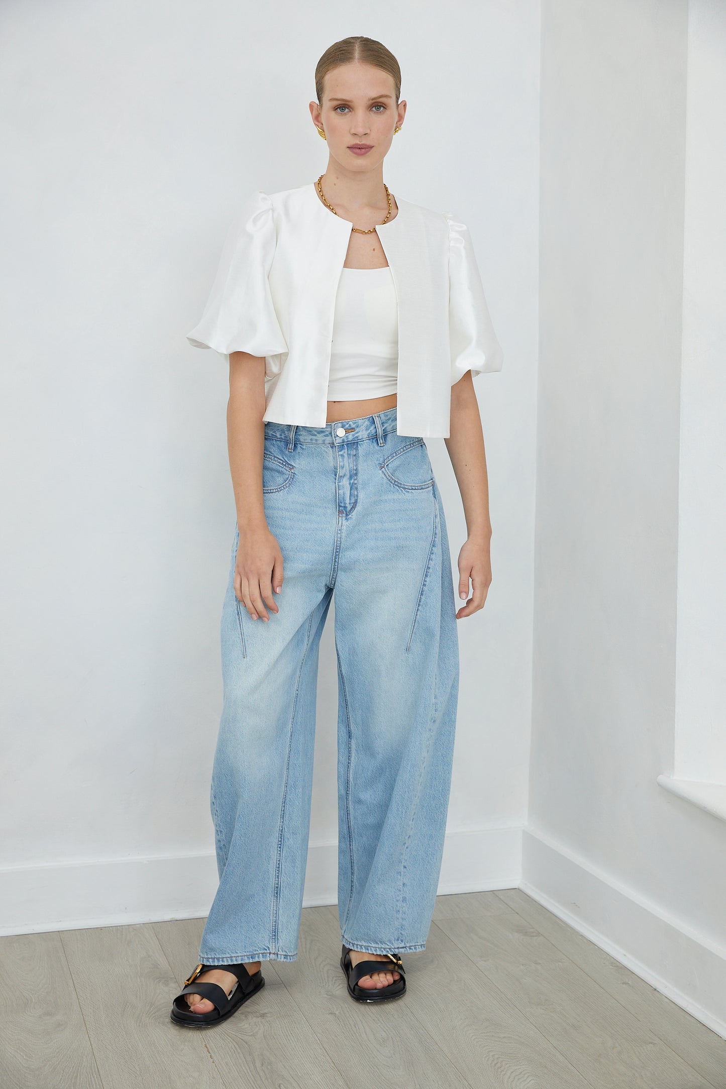Lunara White Puff Sleeve Cropped Jacket