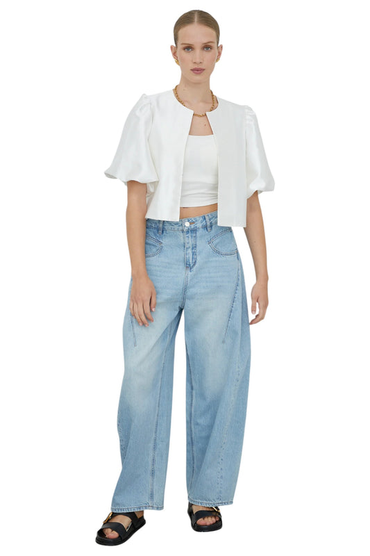 Lunara White Puff Sleeve Cropped Jacket