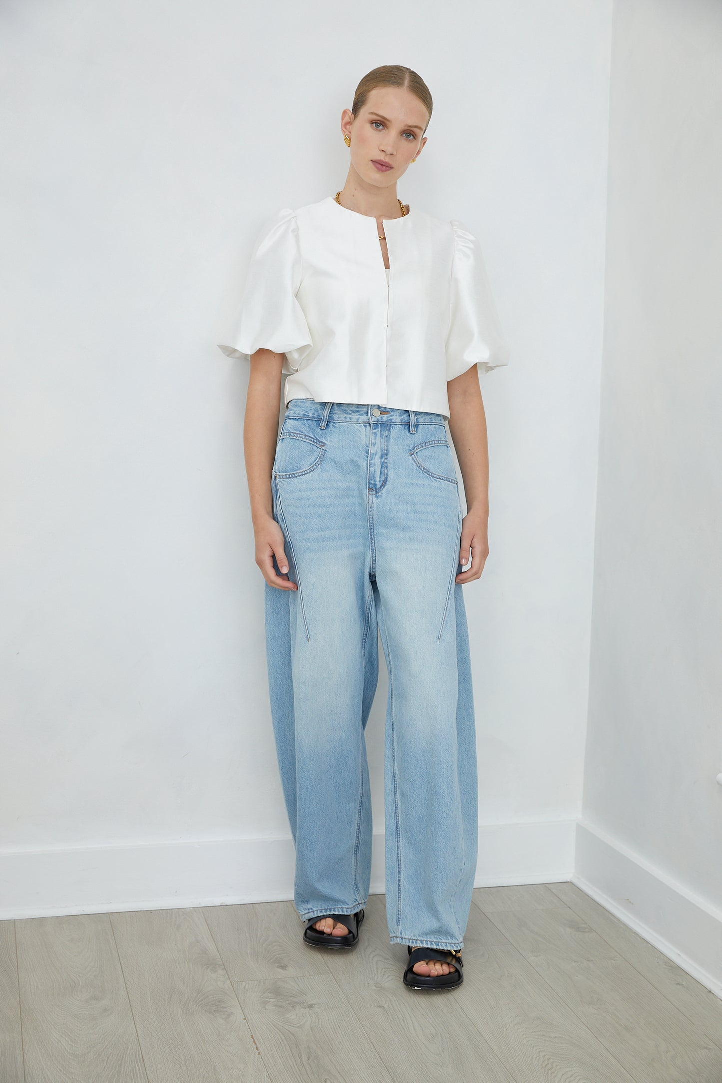 Lunara White Puff Sleeve Cropped Jacket