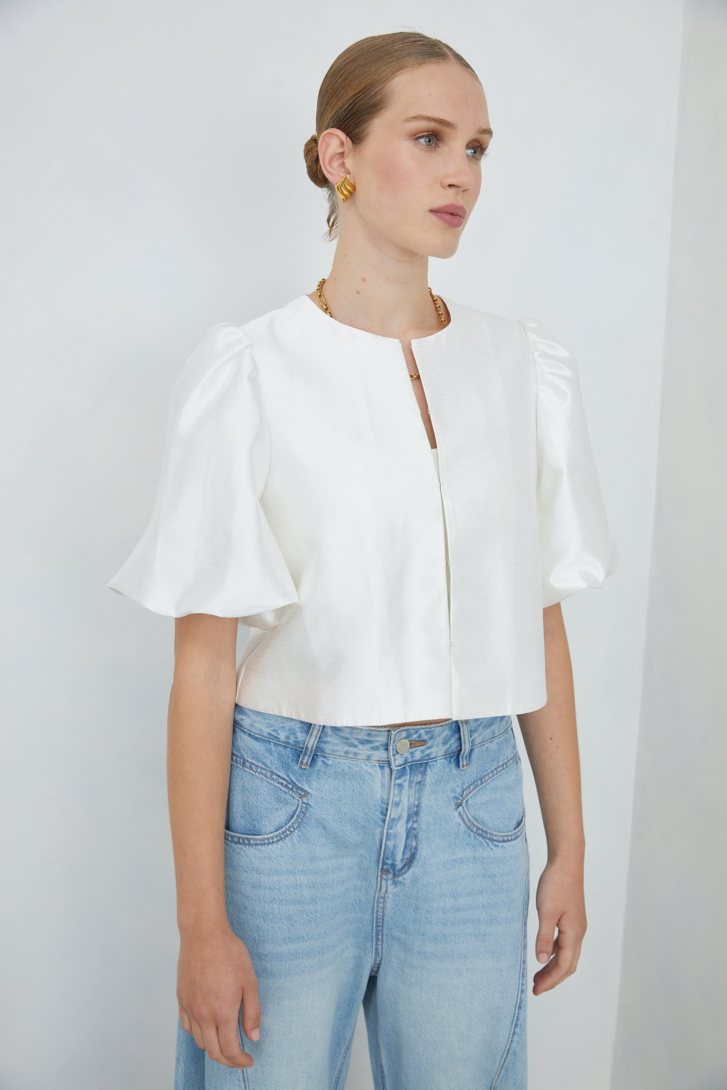 Lunara White Puff Sleeve Cropped Jacket