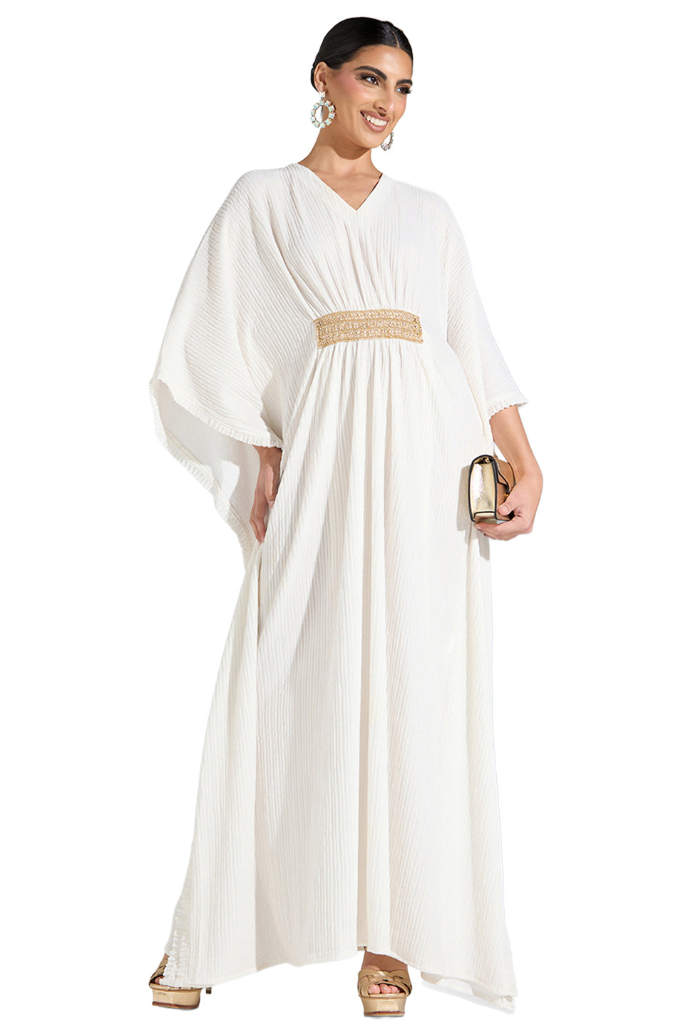 Satin Ruched Waist Kaftan Dress