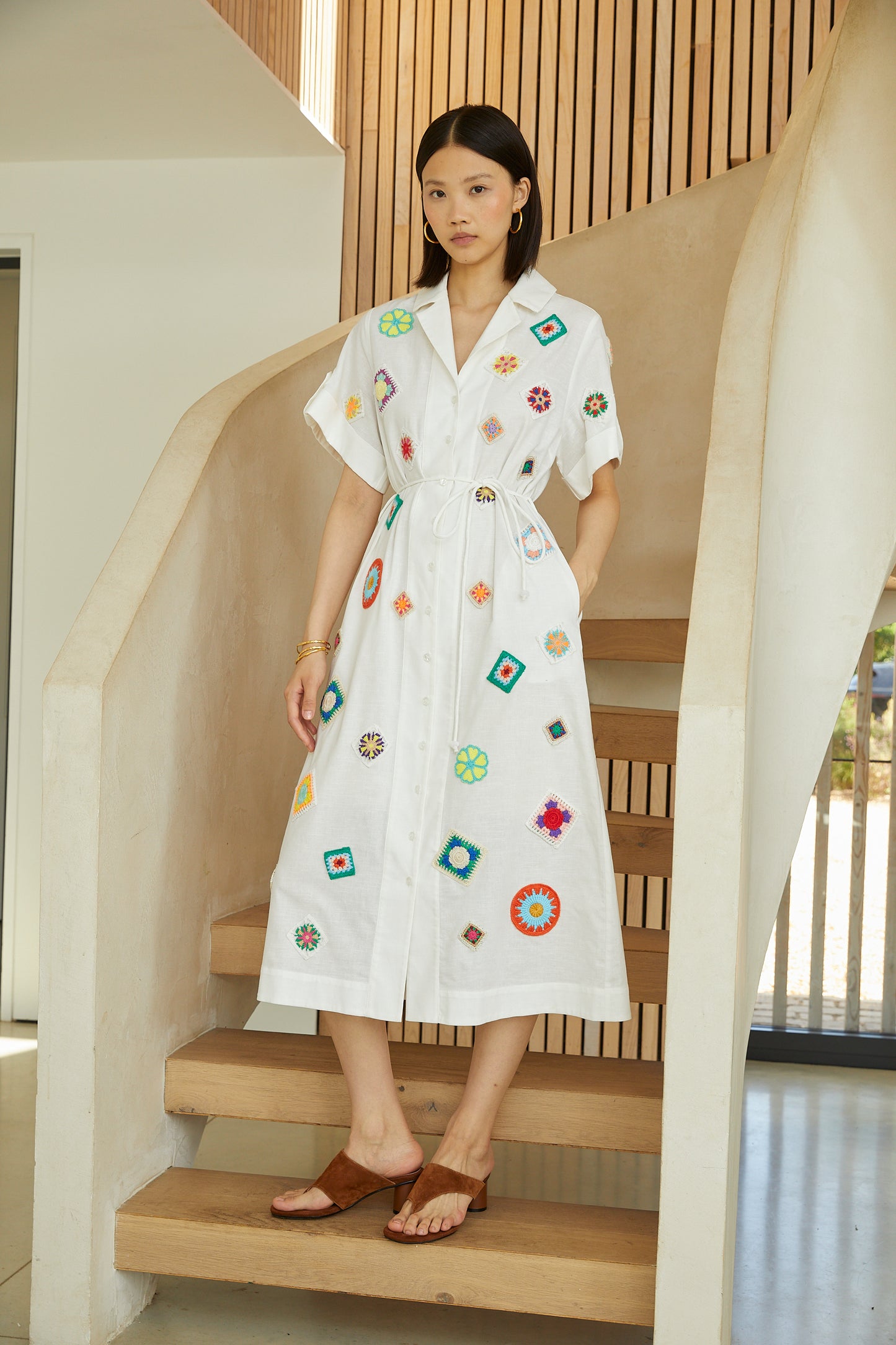 Mariska White Embroidered Cotton-Linen Midi Shirt Dress With Slip