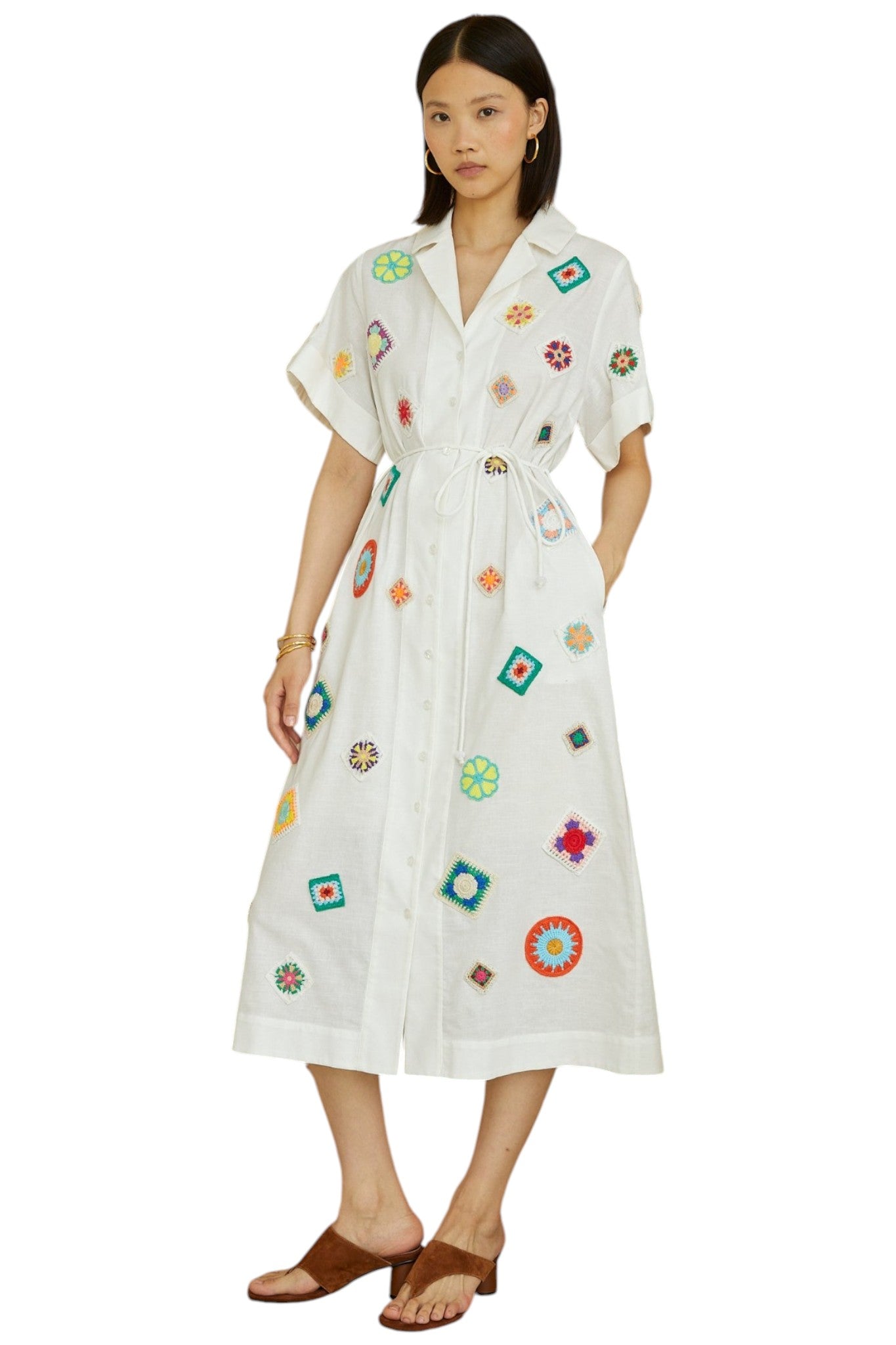 Mariska White Embroidered Cotton-Linen Midi Shirt Dress With Slip