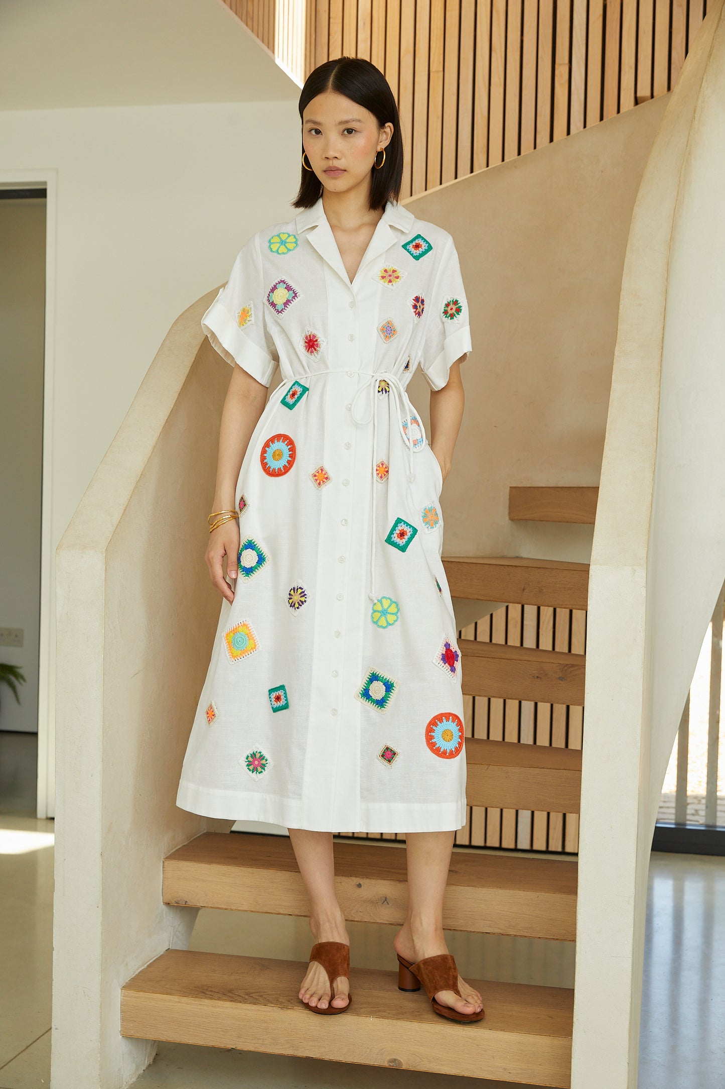 Mariska White Embroidered Cotton-Linen Midi Shirt Dress With Slip