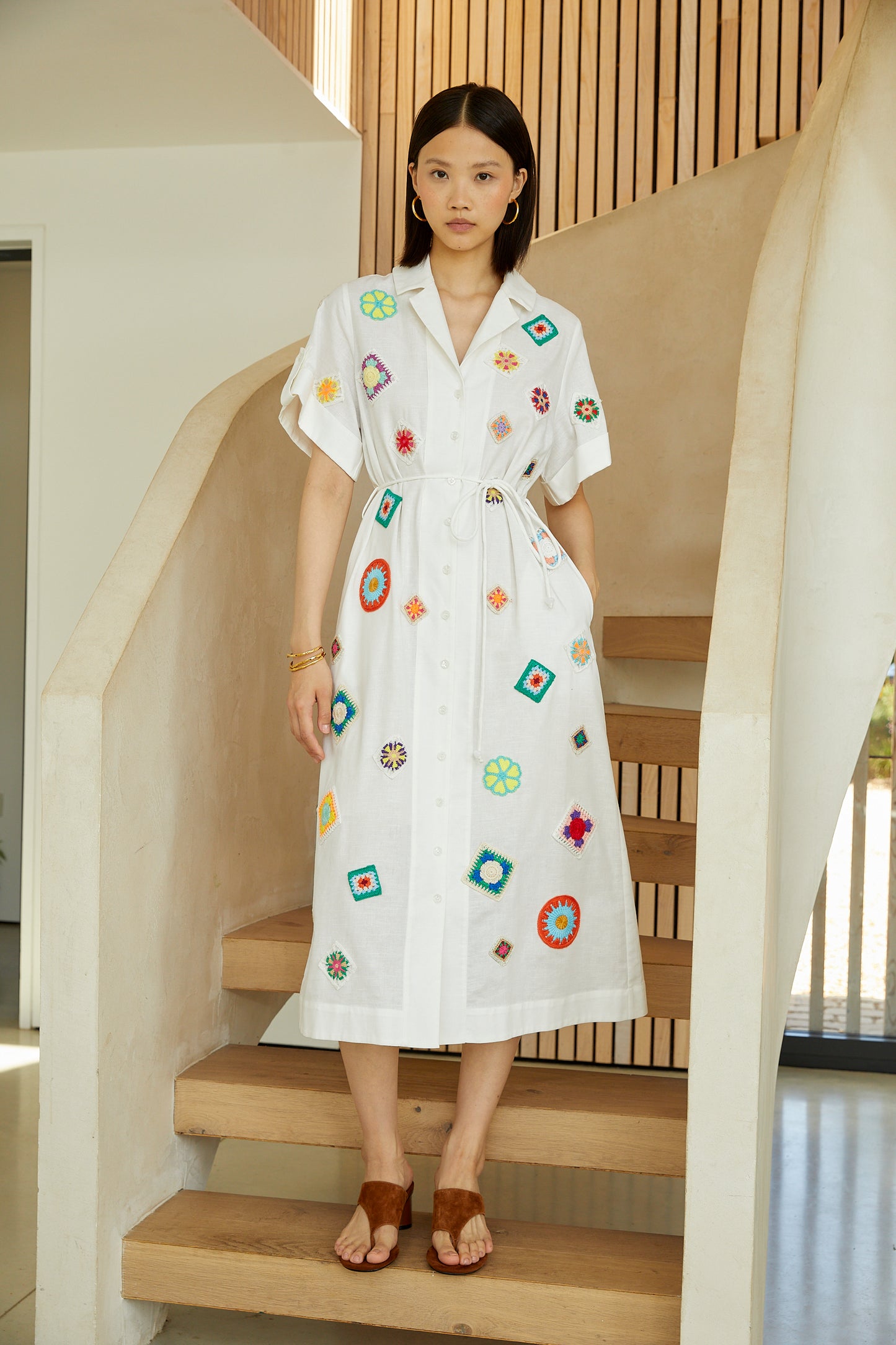 Mariska White Embroidered Cotton-Linen Midi Shirt Dress With Slip