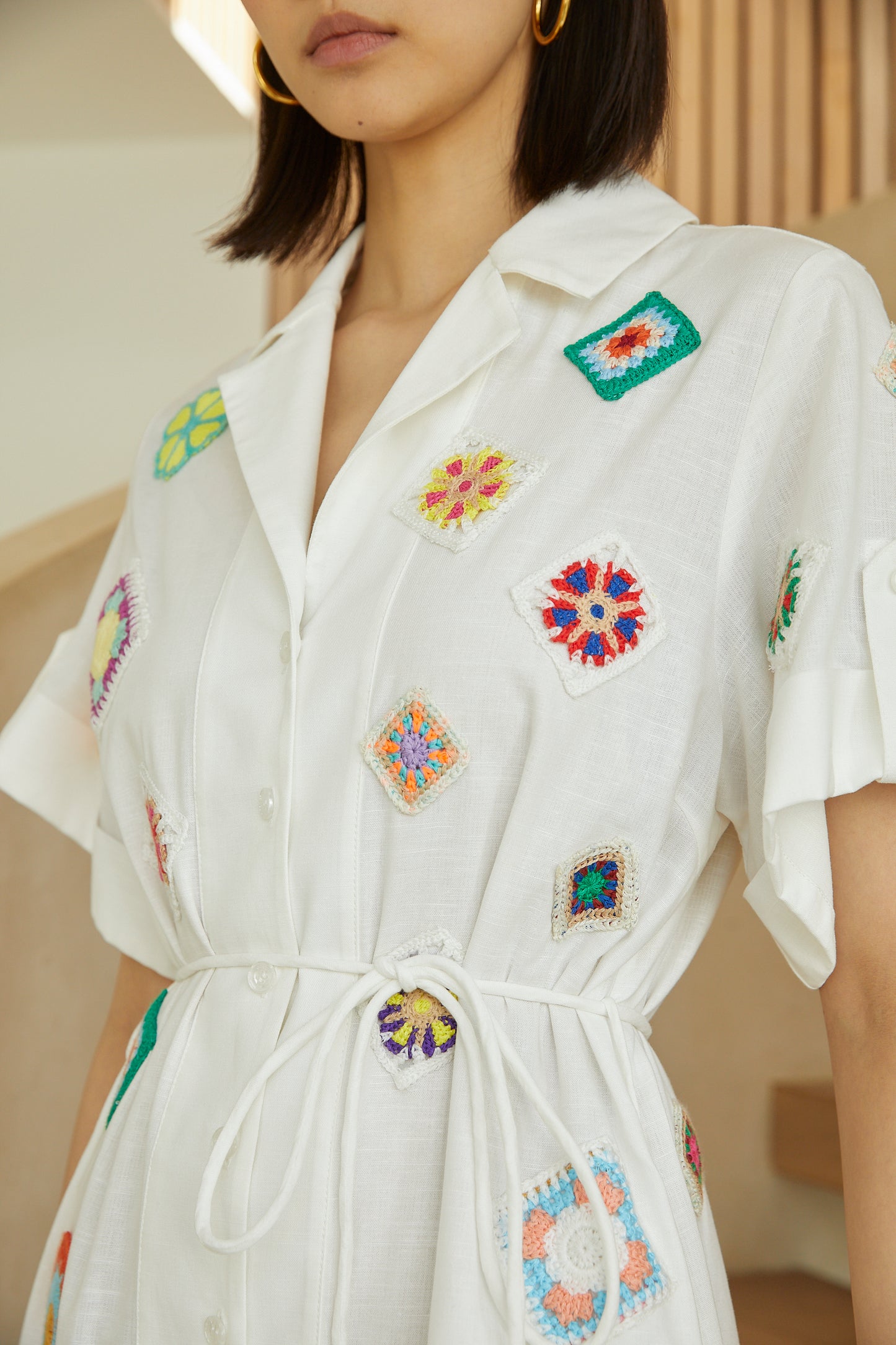 Mariska White Embroidered Cotton-Linen Midi Shirt Dress With Slip