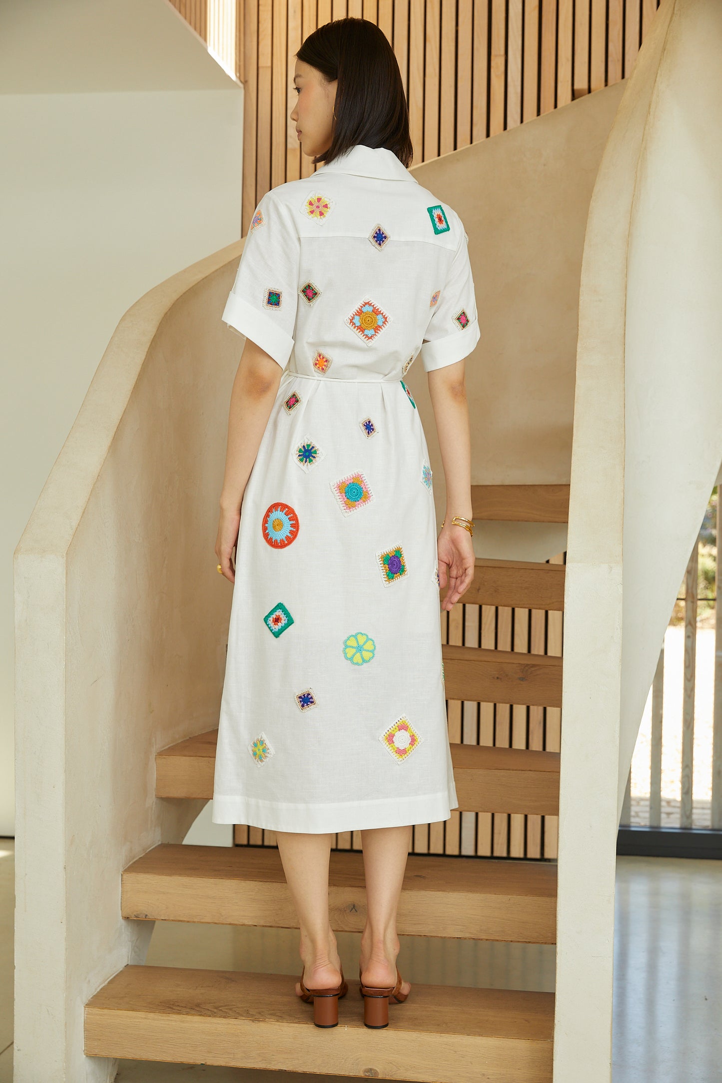 Mariska White Embroidered Cotton-Linen Midi Shirt Dress With Slip