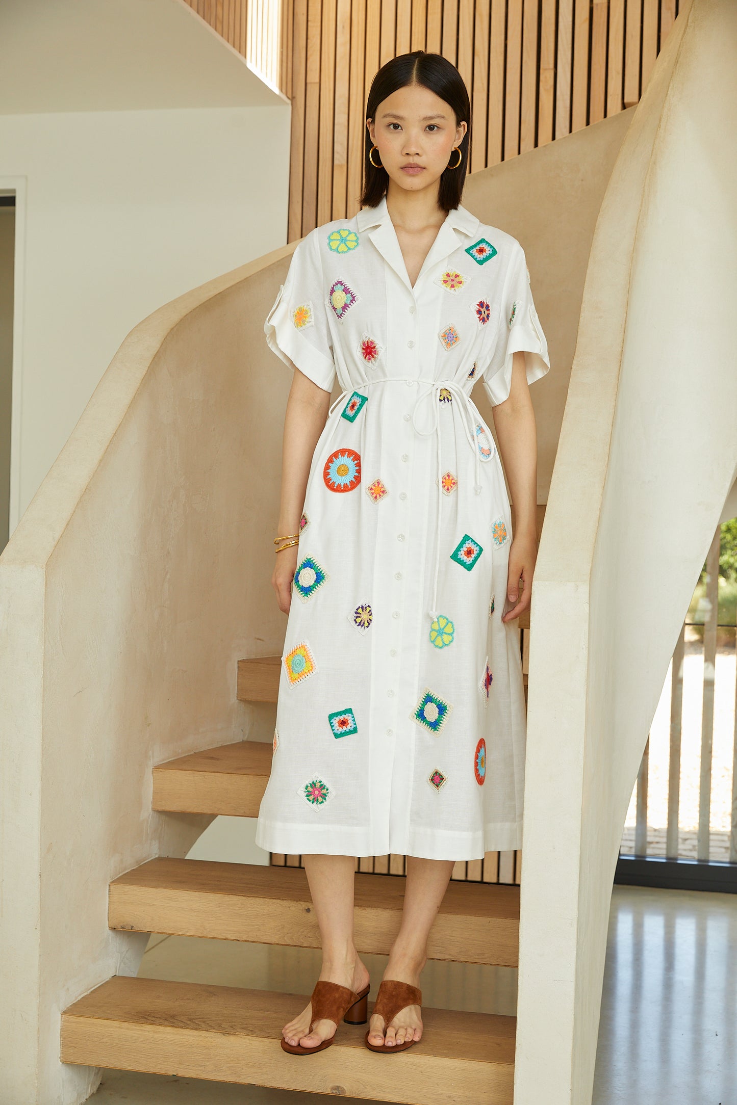 Mariska White Embroidered Cotton-Linen Midi Shirt Dress With Slip