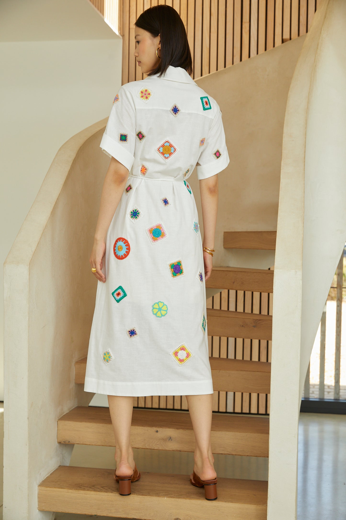 Mariska White Embroidered Cotton-Linen Midi Shirt Dress With Slip