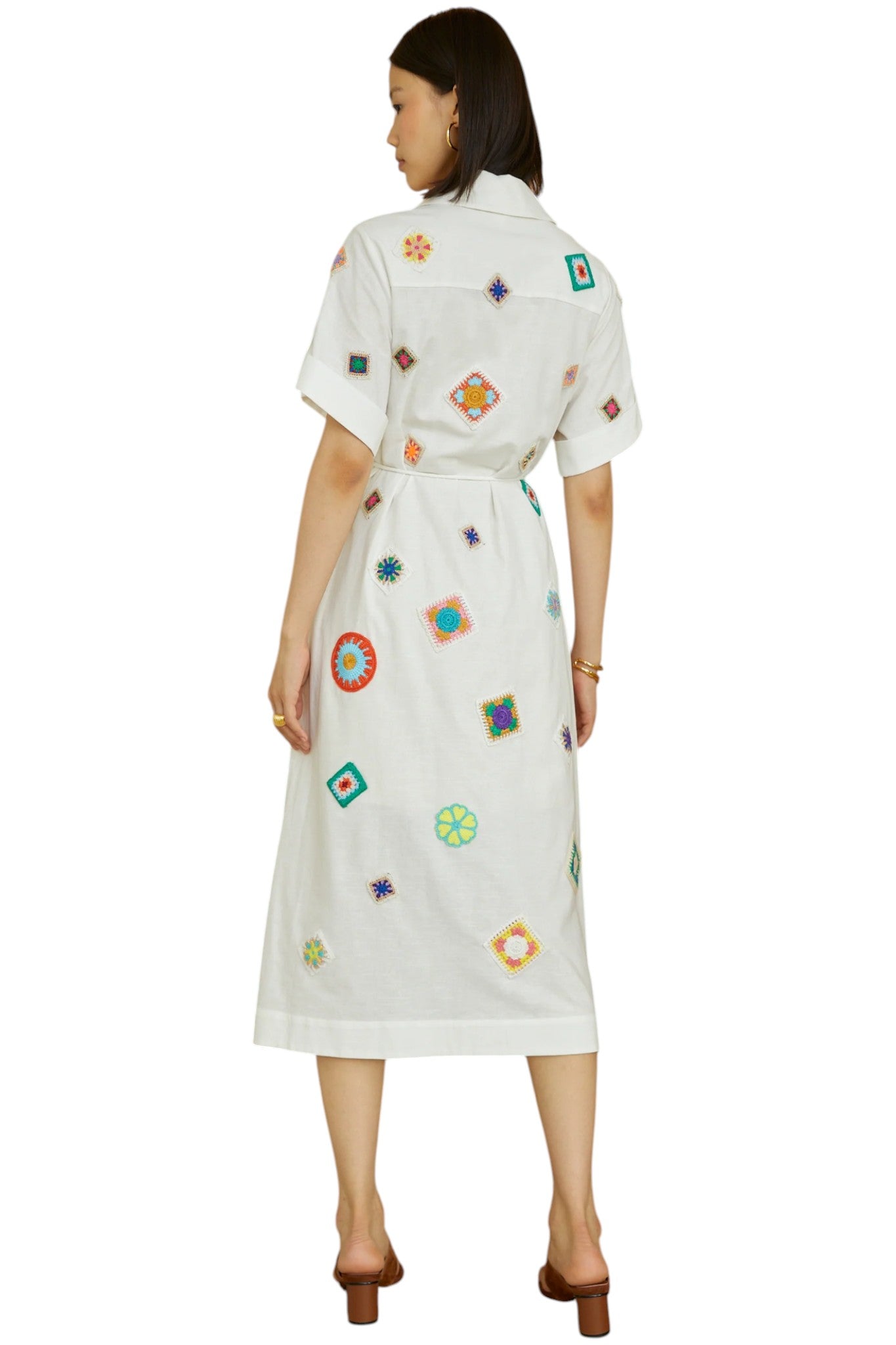 Mariska White Embroidered Cotton-Linen Midi Shirt Dress With Slip