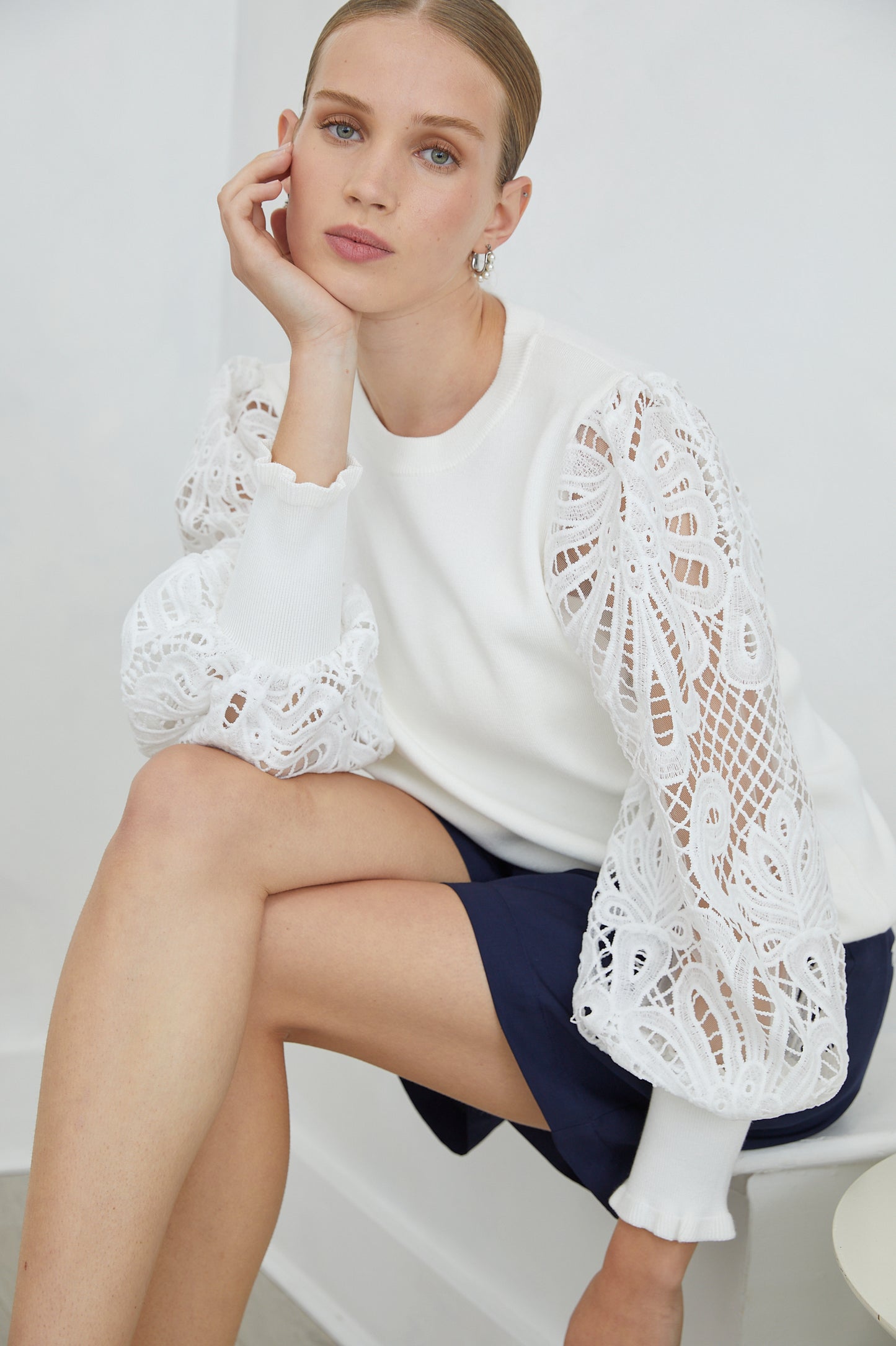 Milora White Lace Sleeve Top with Slip