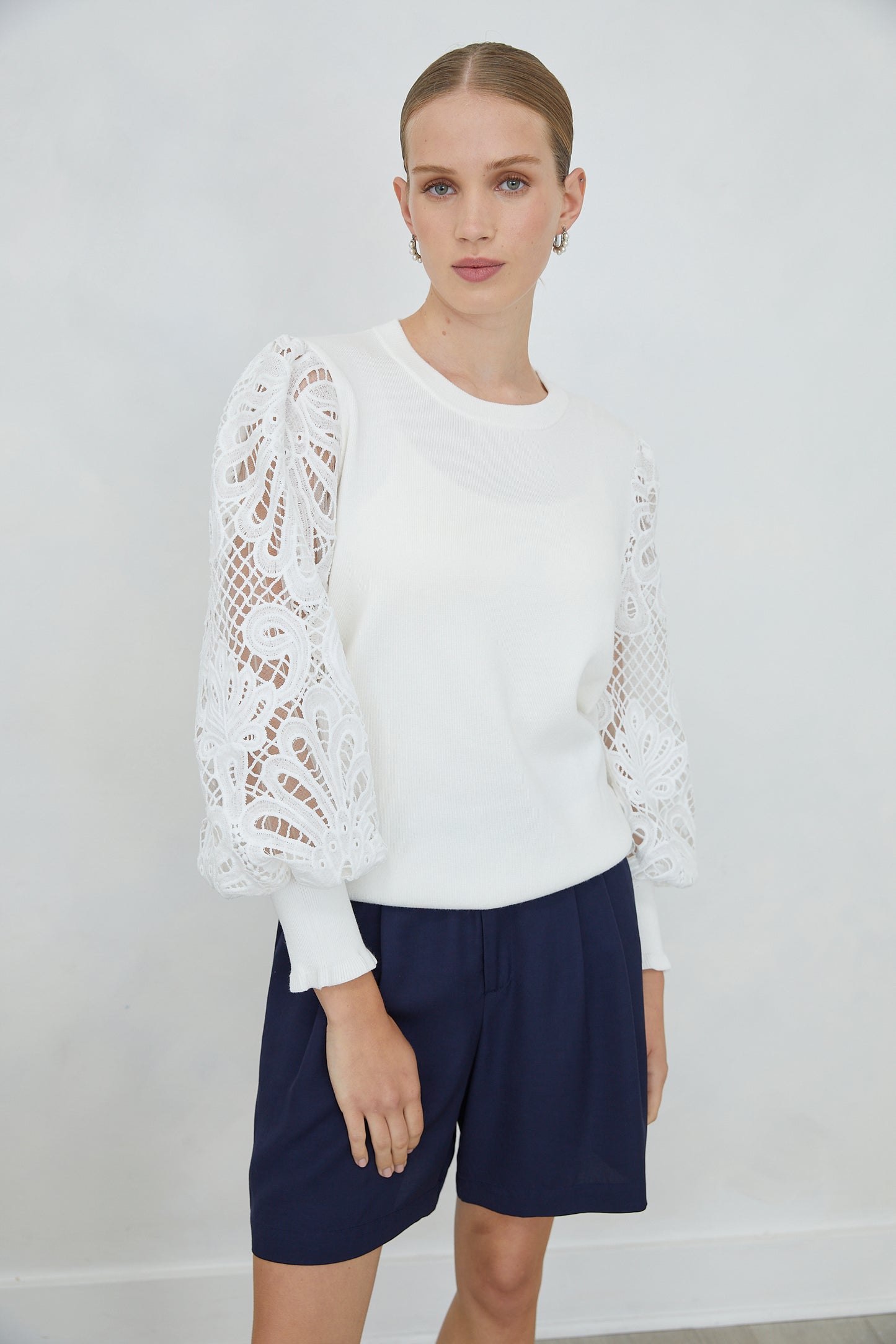 Milora White Lace Sleeve Top with Slip