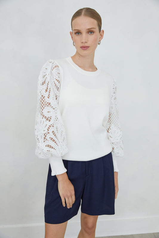 Milora White Lace Sleeve Top with Slip