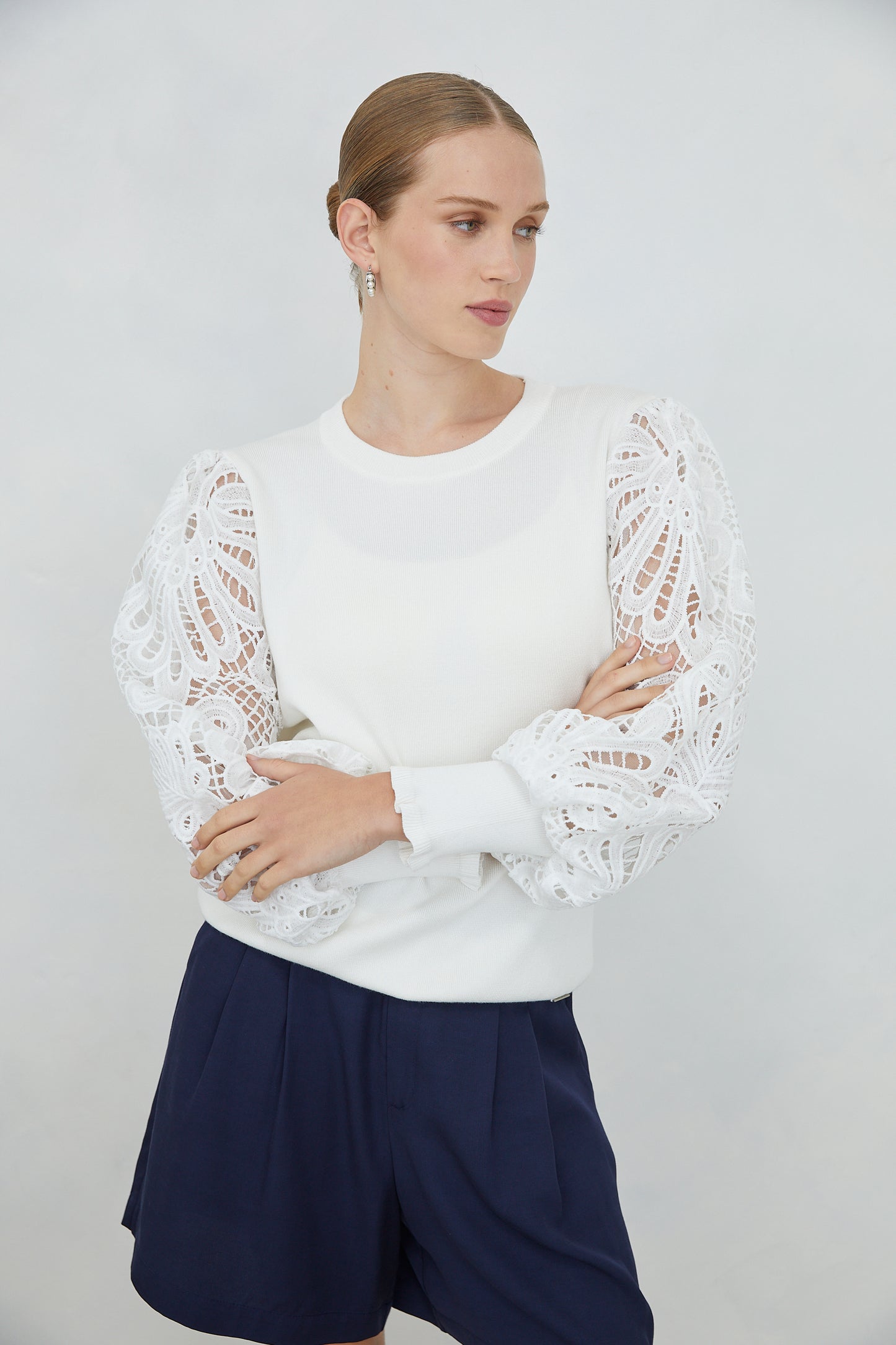 Milora White Lace Sleeve Top with Slip
