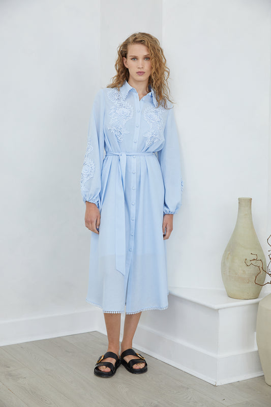 Mossy Light Blue  Embroidered Midi Shirt Dress with Belt & Inner Slip