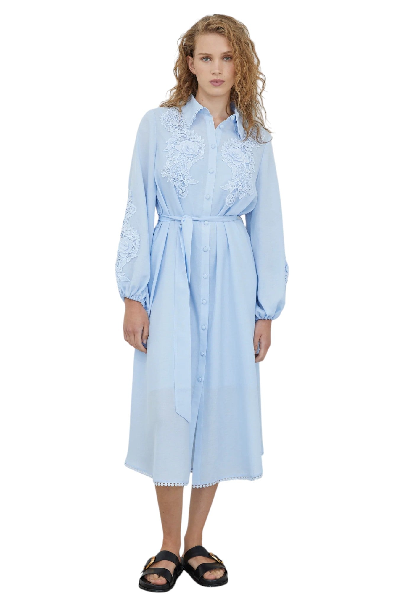 Mossy Light Blue  Embroidered Midi Shirt Dress with Belt & Inner Slip