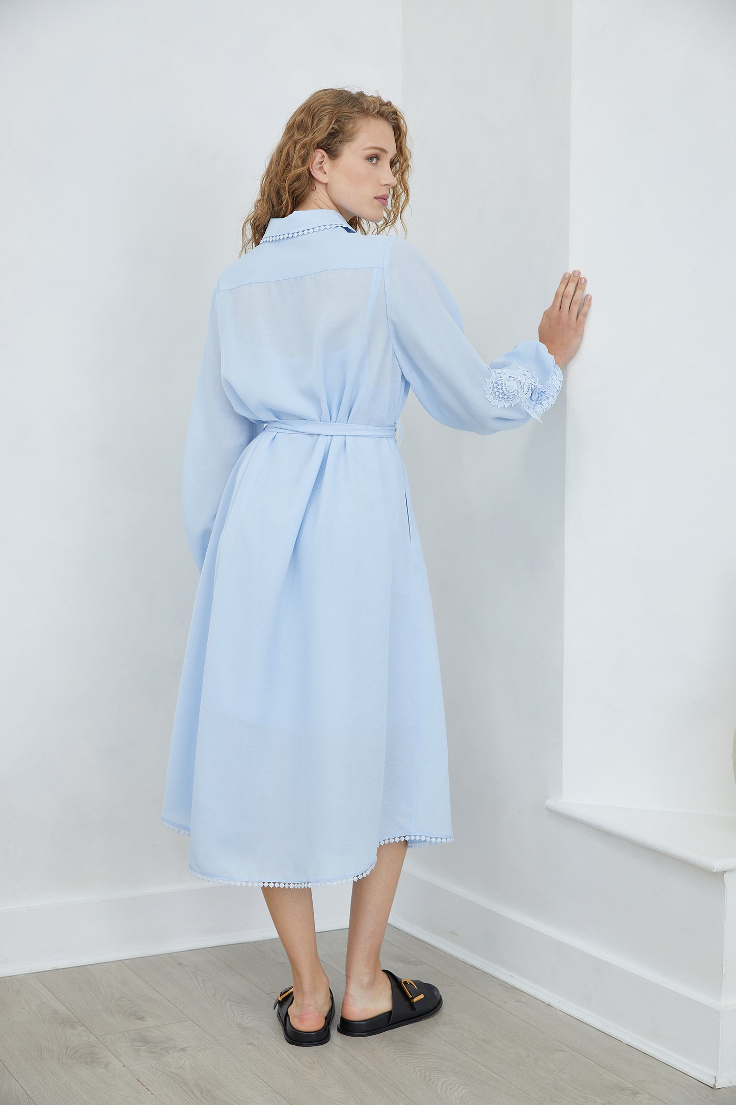 Mossy Light Blue  Embroidered Midi Shirt Dress with Belt & Inner Slip