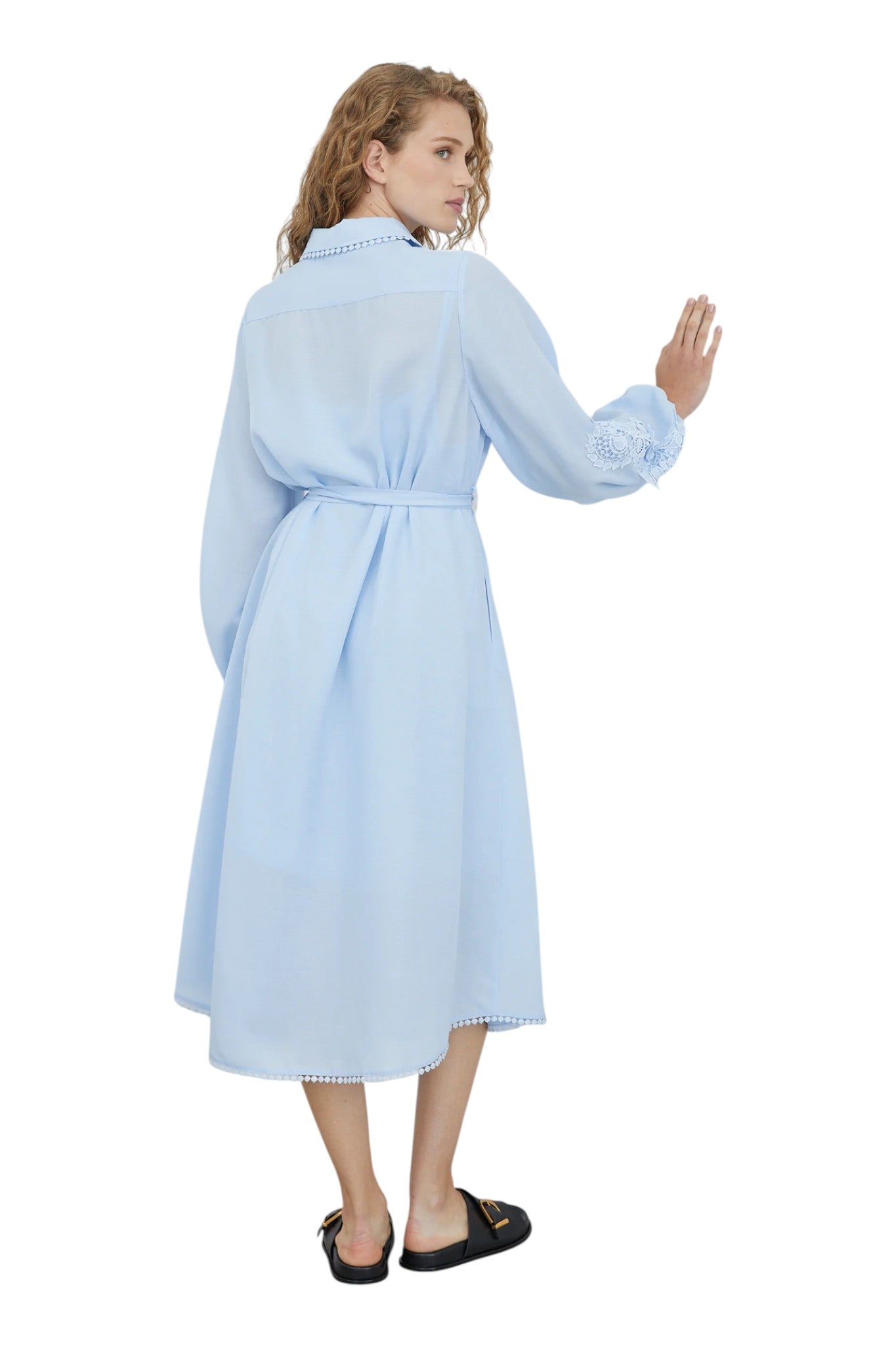 Mossy Light Blue  Embroidered Midi Shirt Dress with Belt & Inner Slip