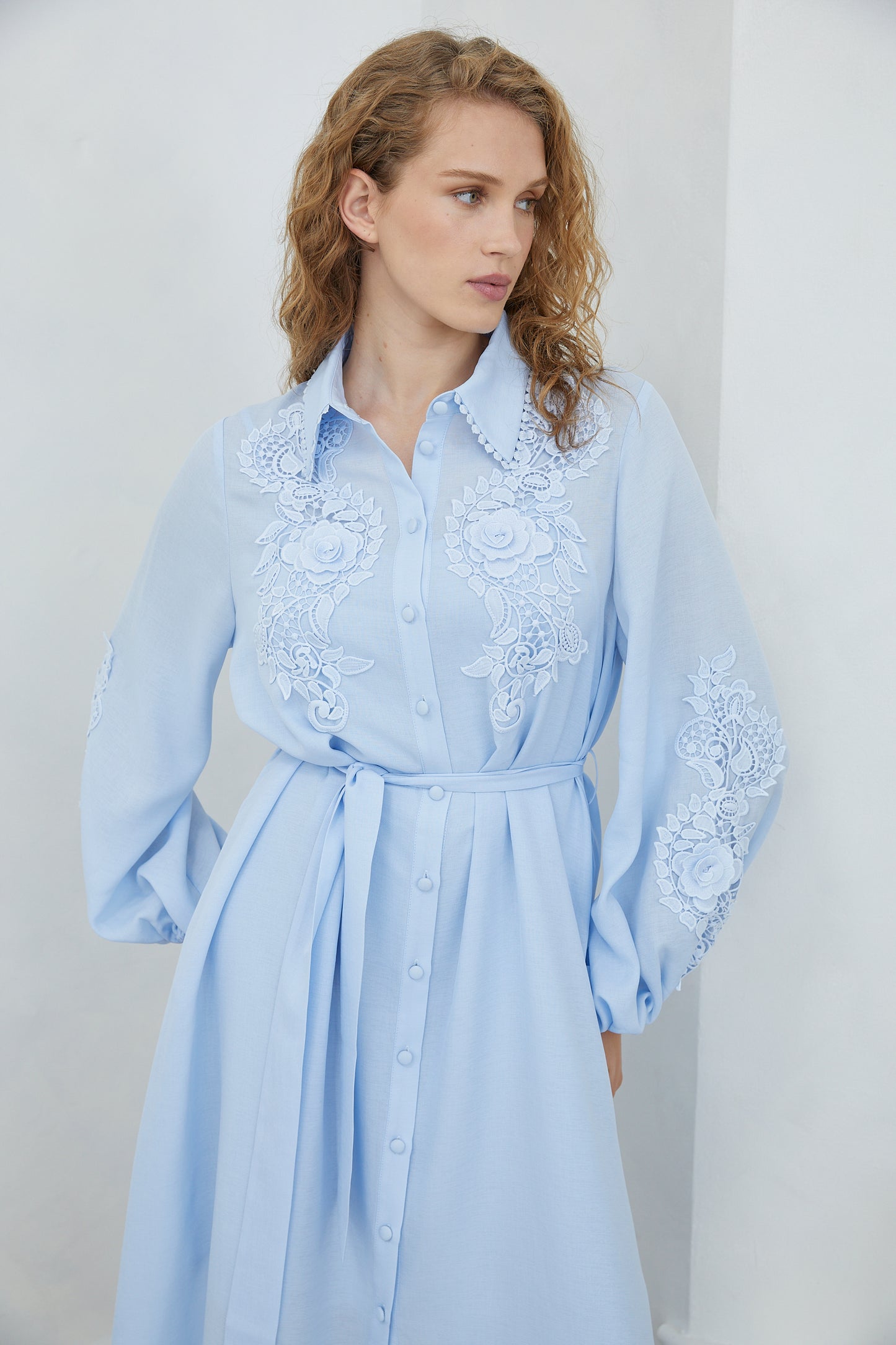 Mossy Light Blue  Embroidered Midi Shirt Dress with Belt & Inner Slip