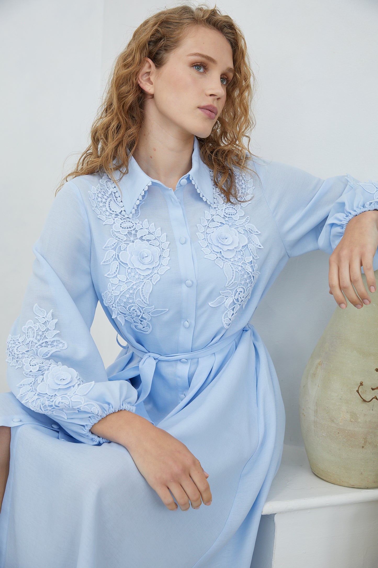 Mossy Light Blue  Embroidered Midi Shirt Dress with Belt & Inner Slip
