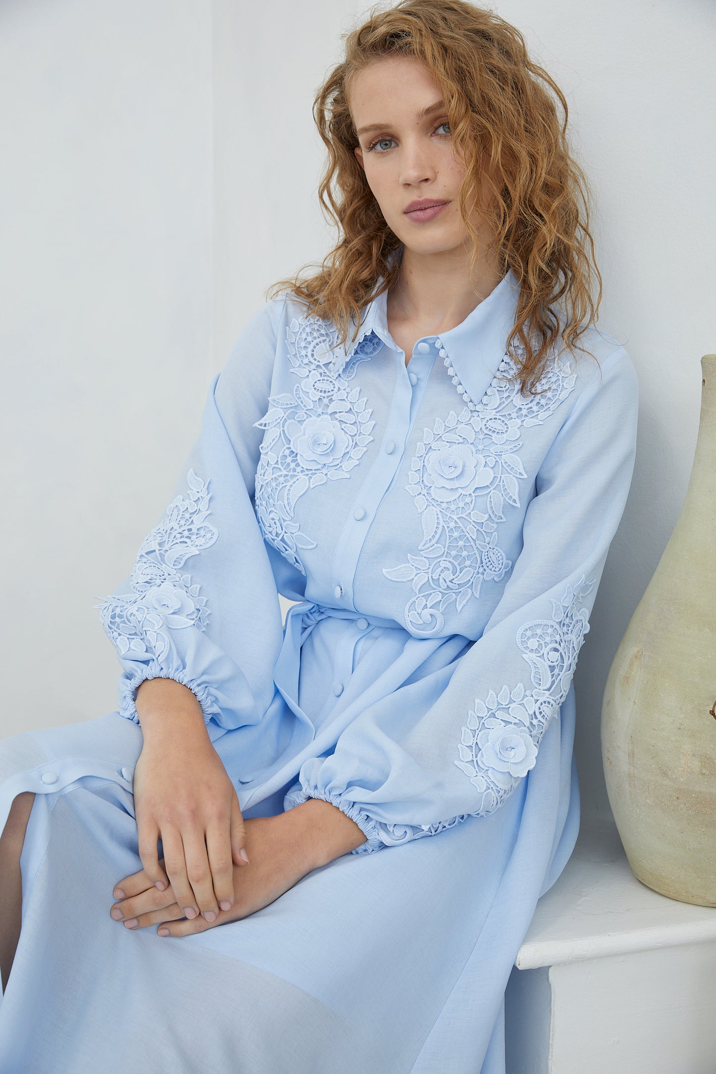 Mossy Light Blue  Embroidered Midi Shirt Dress with Belt & Inner Slip