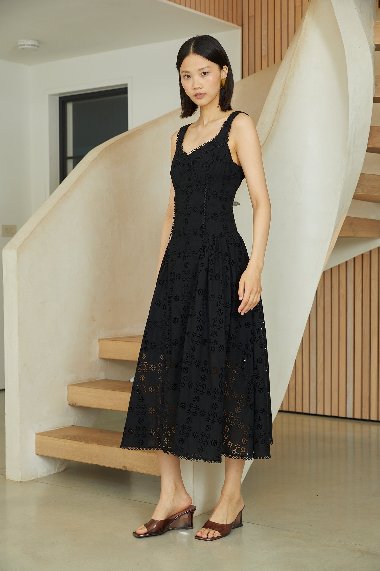 Nerida Black Cotton Eyelet Lace Sleeveless  Fit & Flare Midi Dress