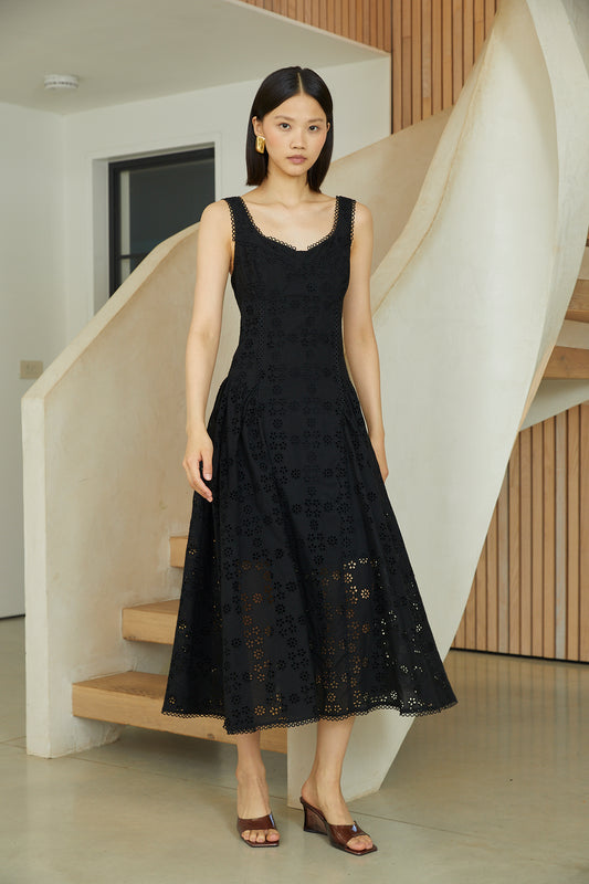 Nerida Black Cotton Eyelet Lace Sleeveless  Fit & Flare Midi Dress