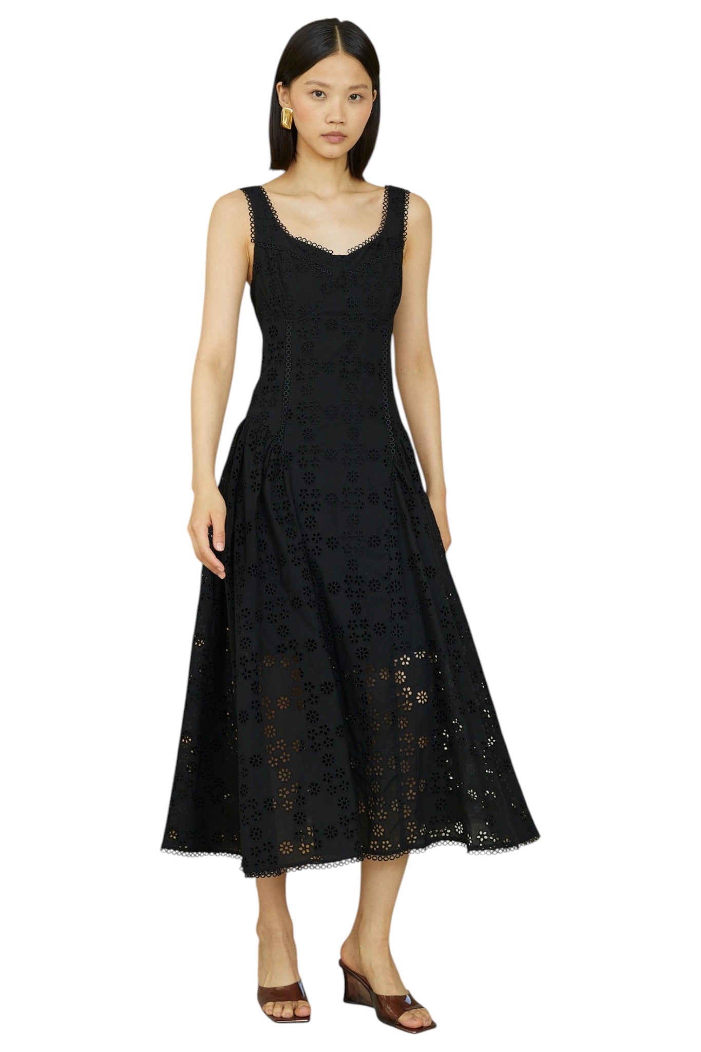 Nerida Black Cotton Eyelet Lace Sleeveless  Fit & Flare Midi Dress
