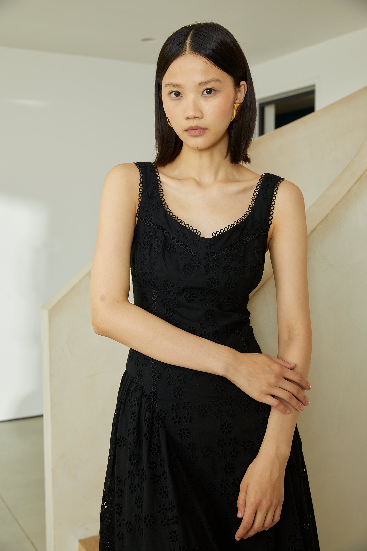 Nerida Black Cotton Eyelet Lace Sleeveless  Fit & Flare Midi Dress