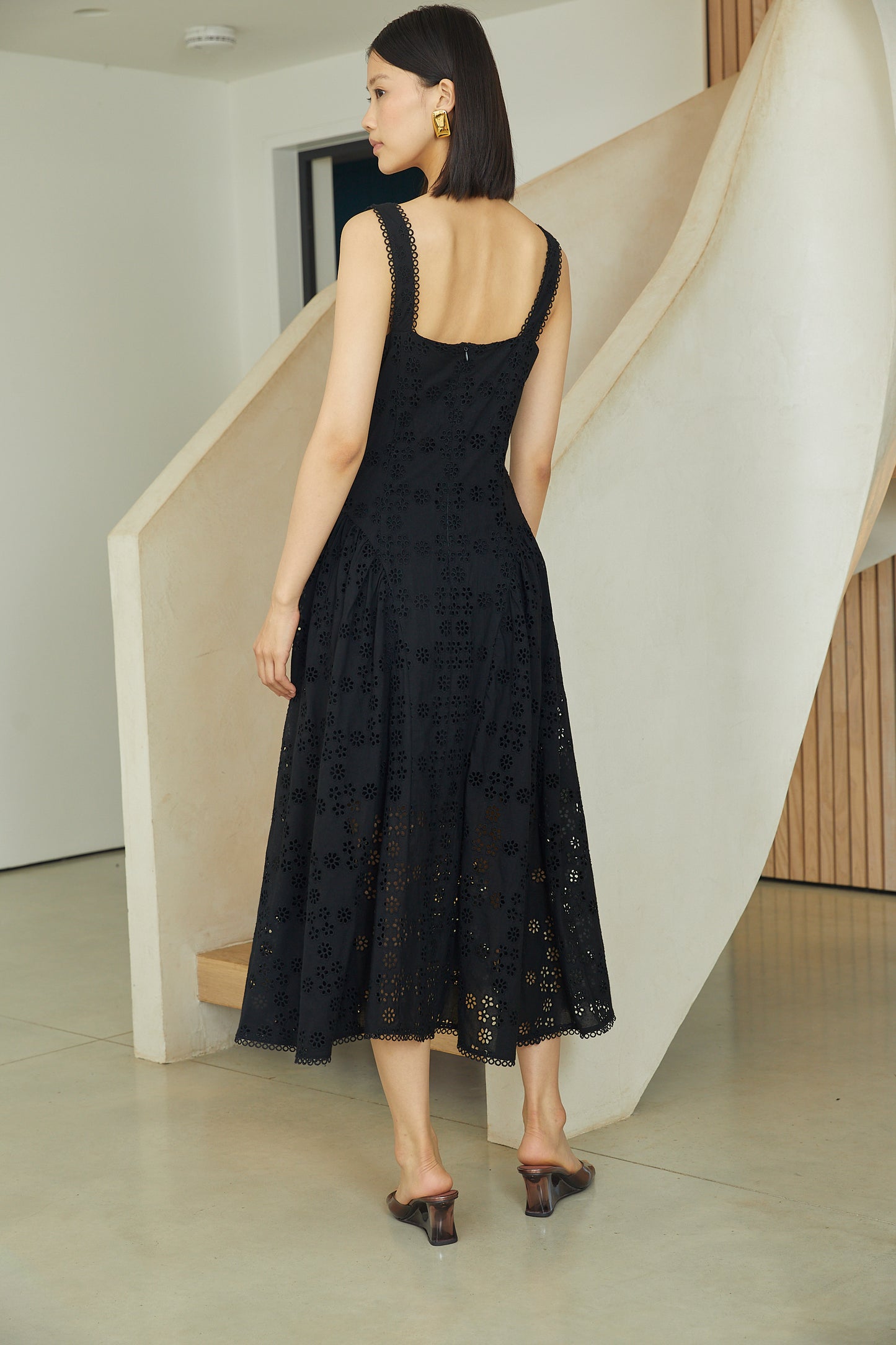 Nerida Black Cotton Eyelet Lace Sleeveless  Fit & Flare Midi Dress