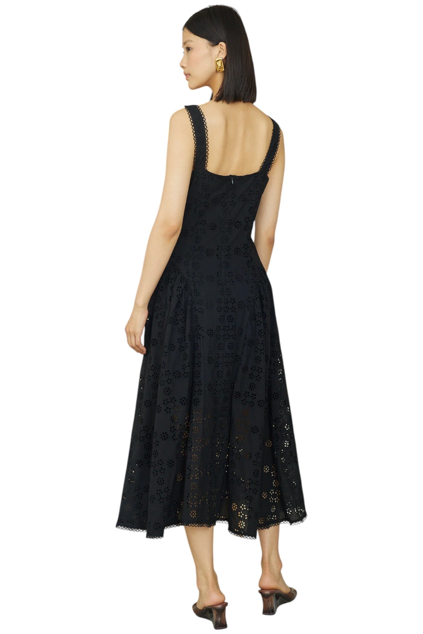Nerida Black Cotton Eyelet Lace Sleeveless  Fit & Flare Midi Dress