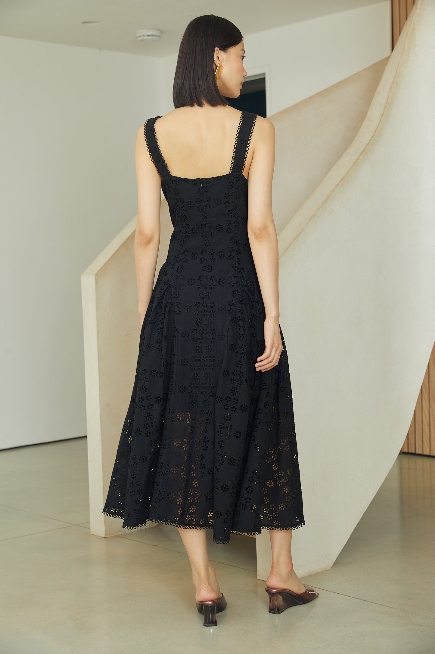 Nerida Black Cotton Eyelet Lace Sleeveless  Fit & Flare Midi Dress