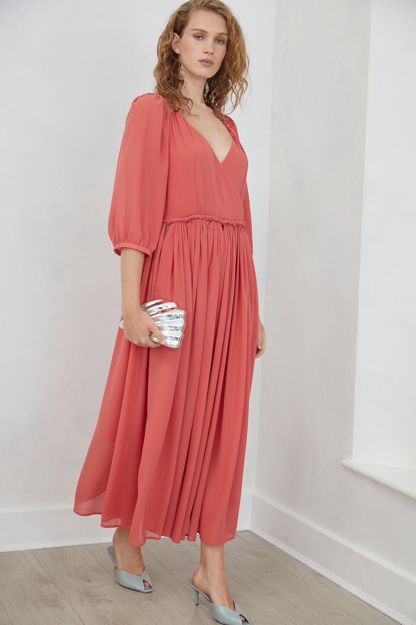 Nore Coral V-Neck Pleated Midaxi DRESS