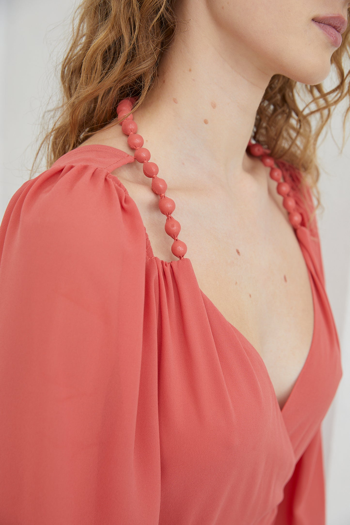 Nore Coral V-Neck Pleated Midaxi DRESS