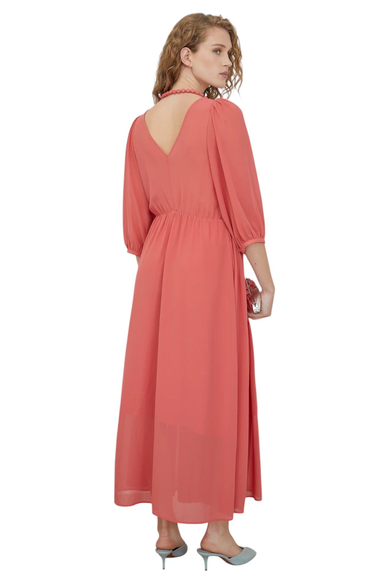 Nore Coral V-Neck Pleated Midaxi DRESS