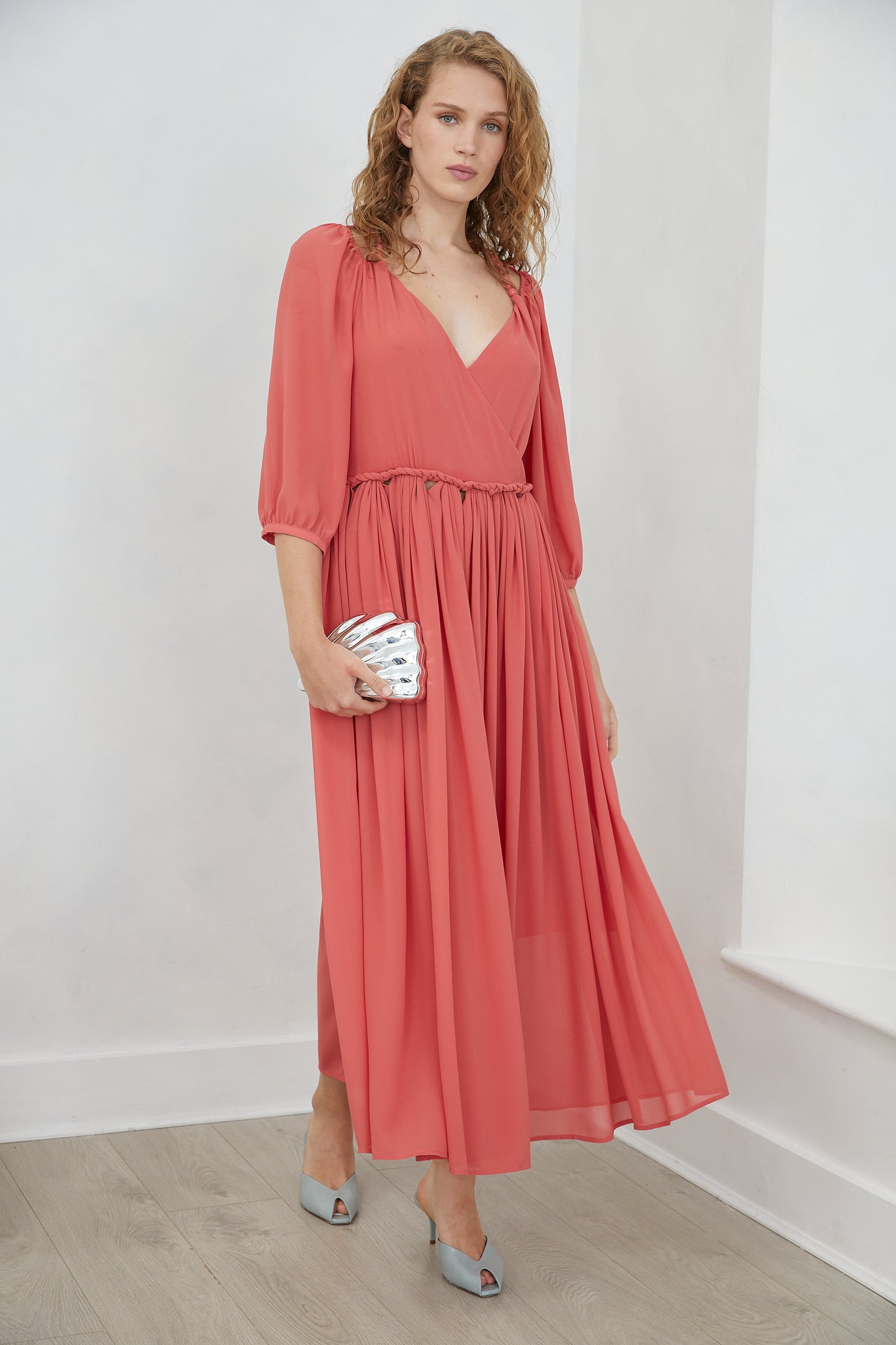 Nore Coral V-Neck Pleated Midaxi DRESS