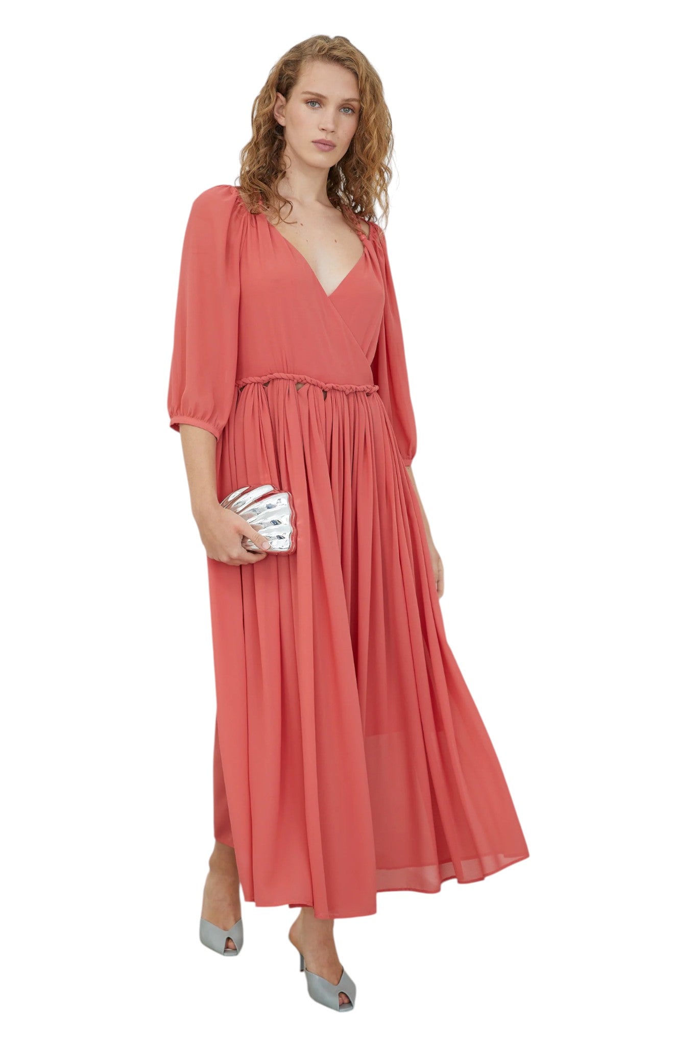 Nore Coral V-Neck Pleated Midaxi DRESS