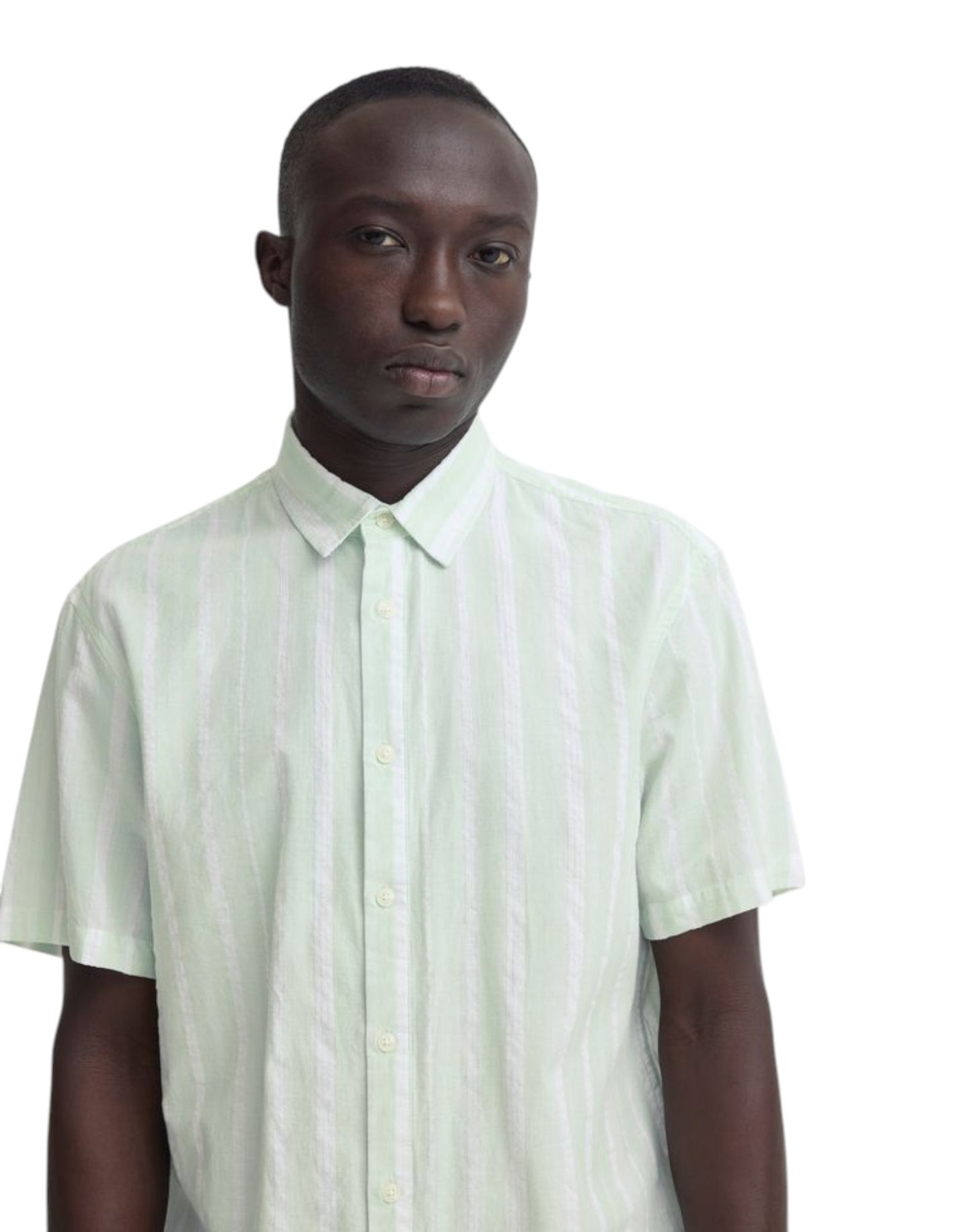 Blend Cotton Short Sleeve Striped Shirt Mint Green