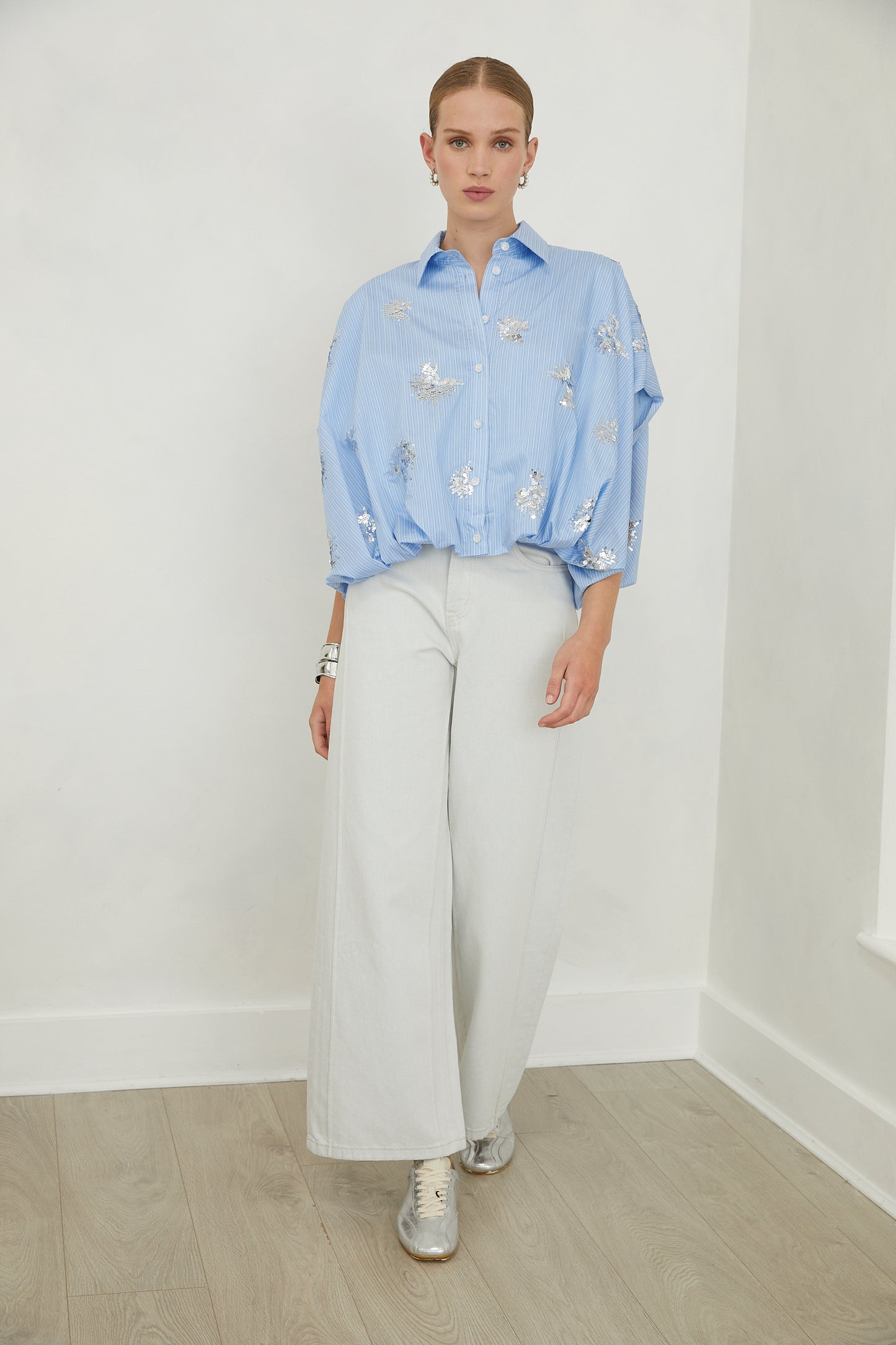 Olyra Light Blue Embellished Short Sleeve Shirt with Cotton Slip