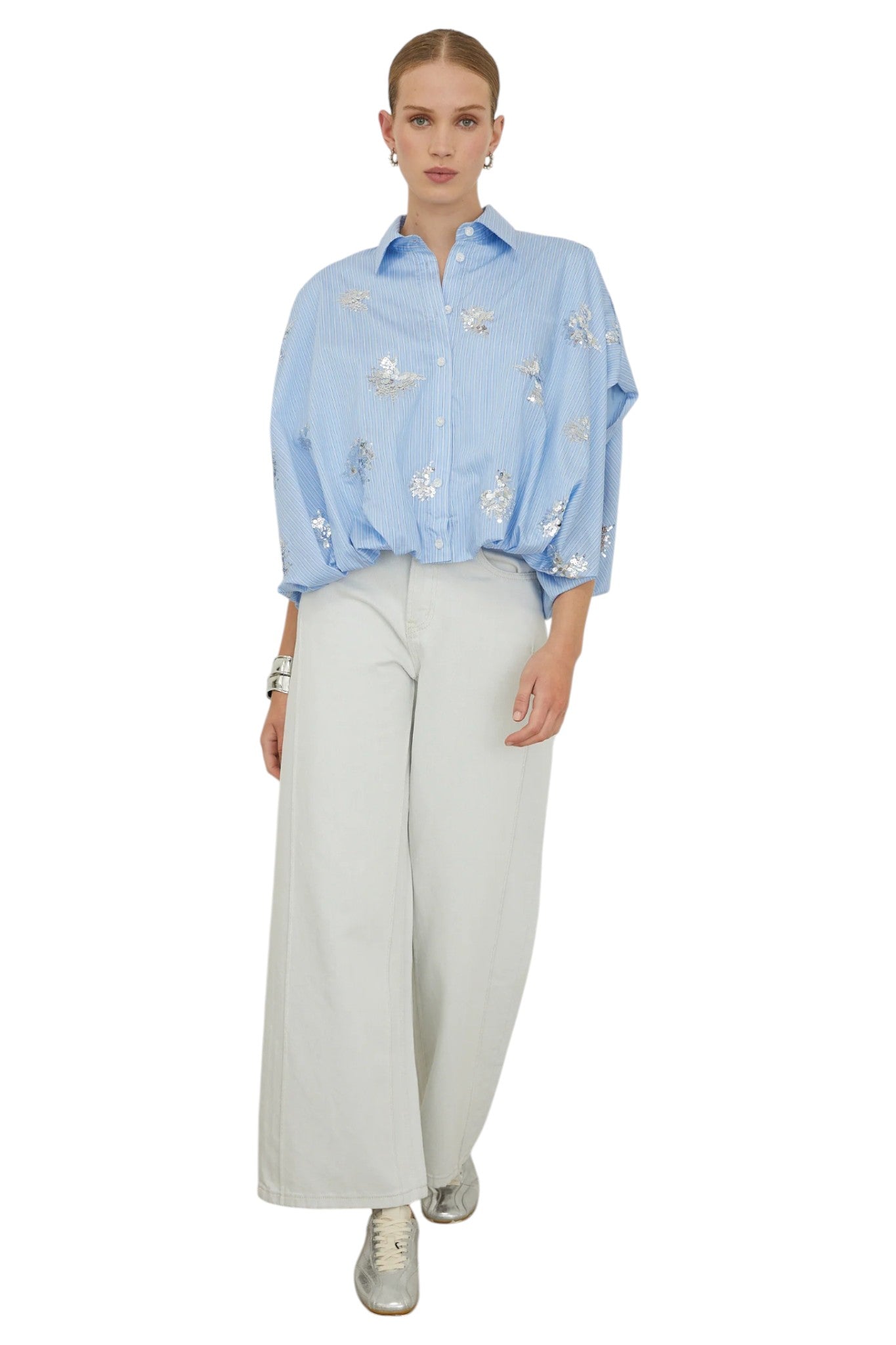 Olyra Light Blue Embellished Short Sleeve Shirt with Cotton Slip