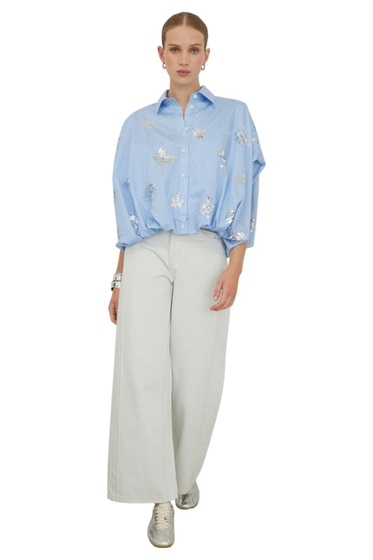 Olyra Light Blue Embellished Short Sleeve Shirt with Cotton Slip