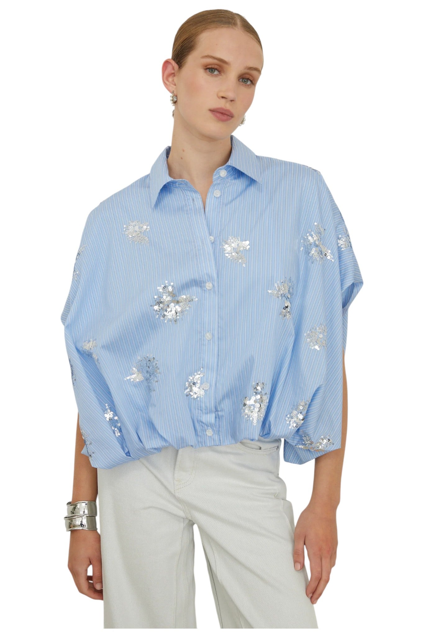 Olyra Light Blue Embellished Short Sleeve Shirt with Cotton Slip