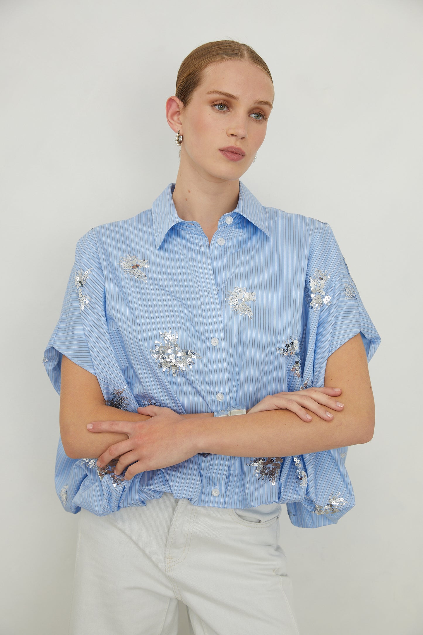 Olyra Light Blue Embellished Short Sleeve Shirt with Cotton Slip