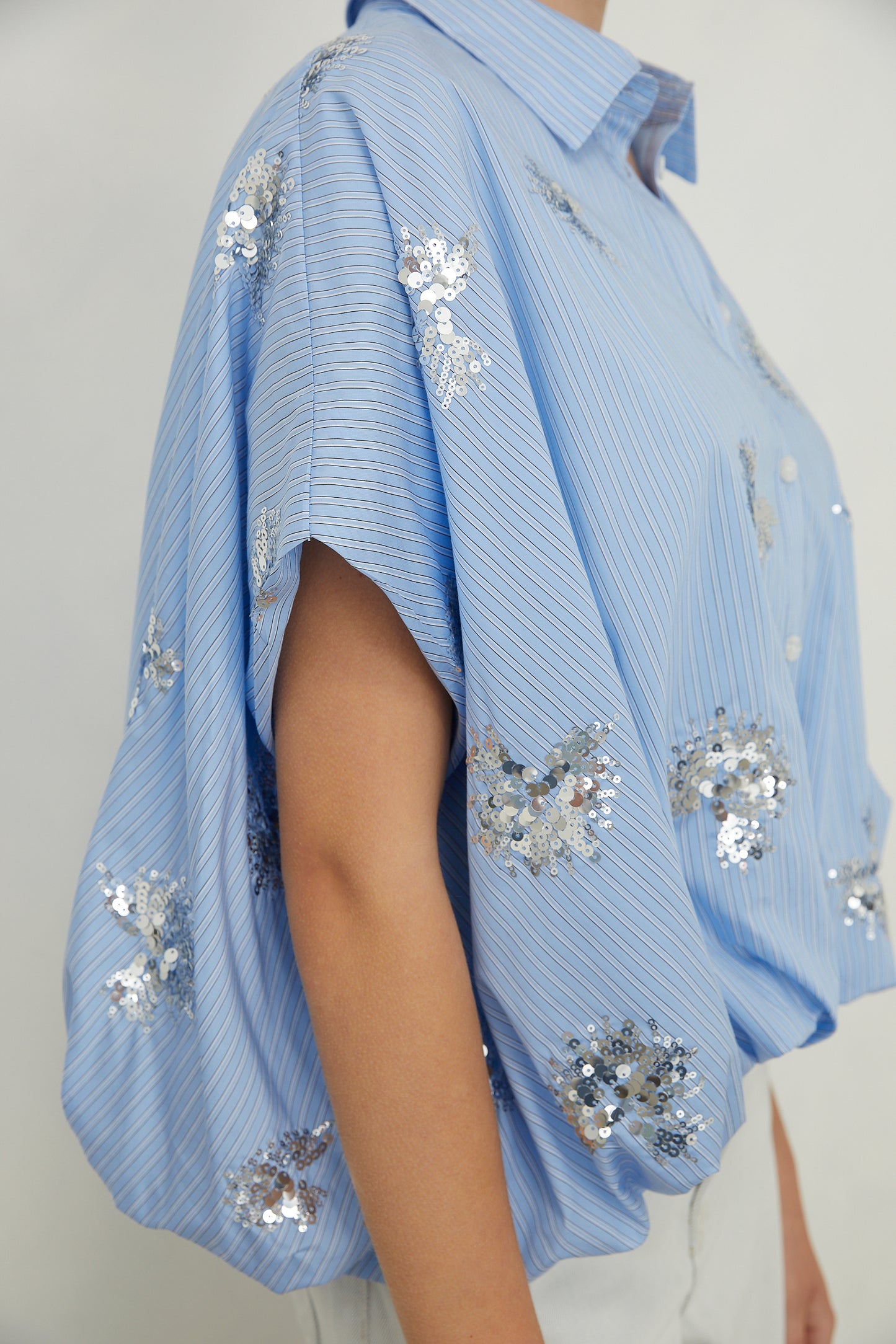 Olyra Light Blue Embellished Short Sleeve Shirt with Cotton Slip